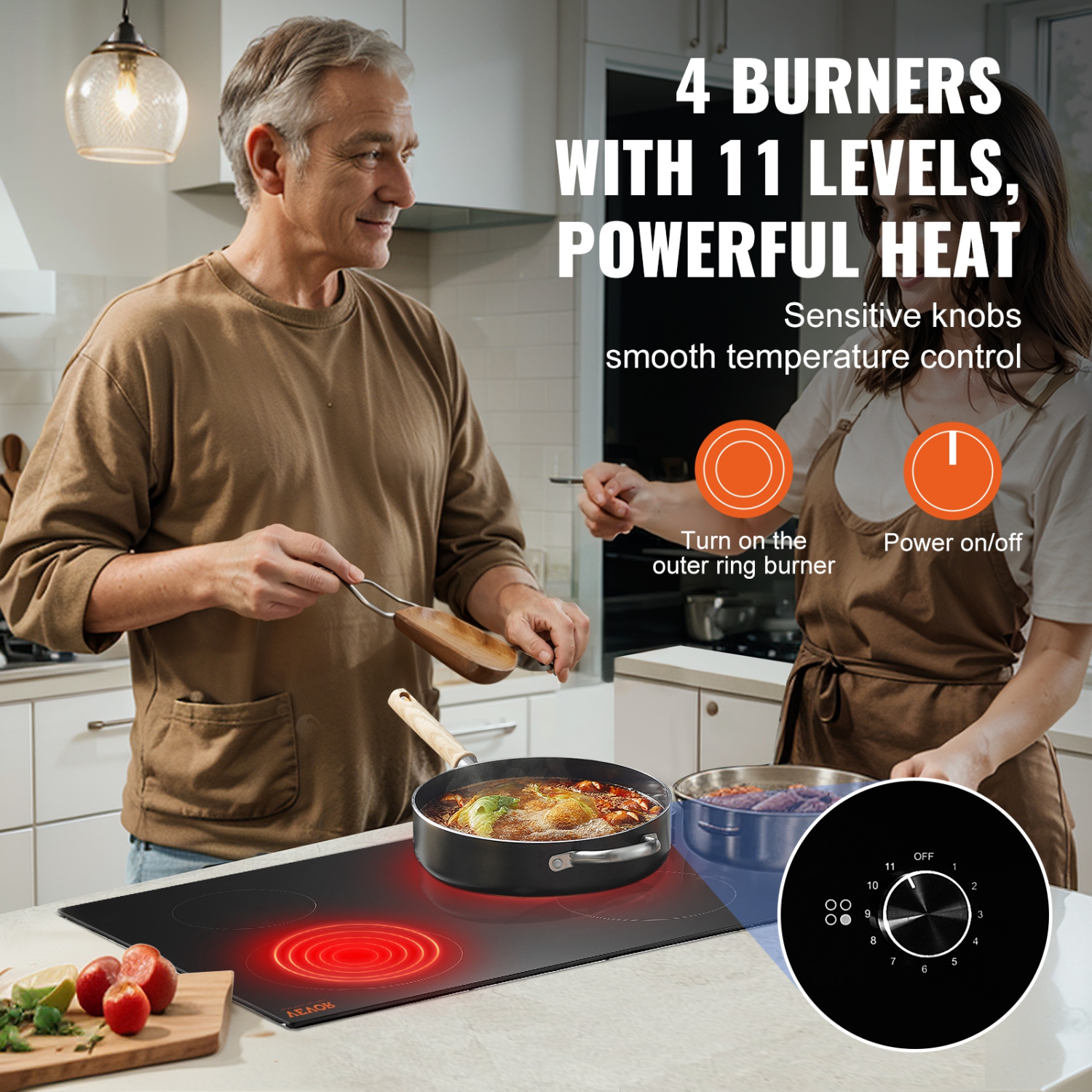 VEVOR 30 inch Electric Cooktop, 4 Burners Built-in Electric Stove Top, 7200W Ceramic Top Radiant Cooktop, with Glass Panel, Knob Control, 11 Heat