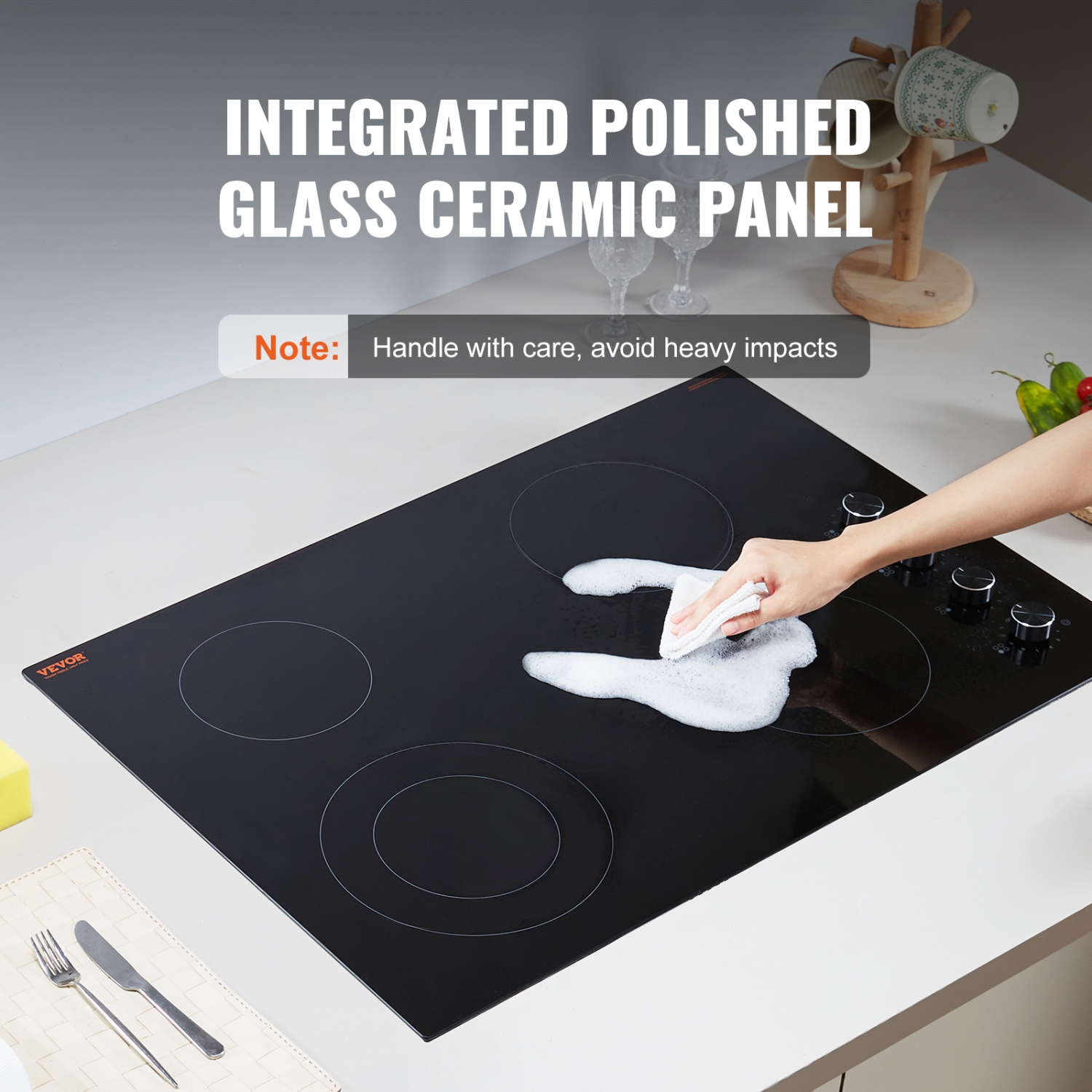 VEVOR 30 inch Electric Cooktop, 4 Burners Built-in Electric Stove Top, 7200W Ceramic Top Radiant Cooktop, with Glass Panel, Knob Control, 11 Heat