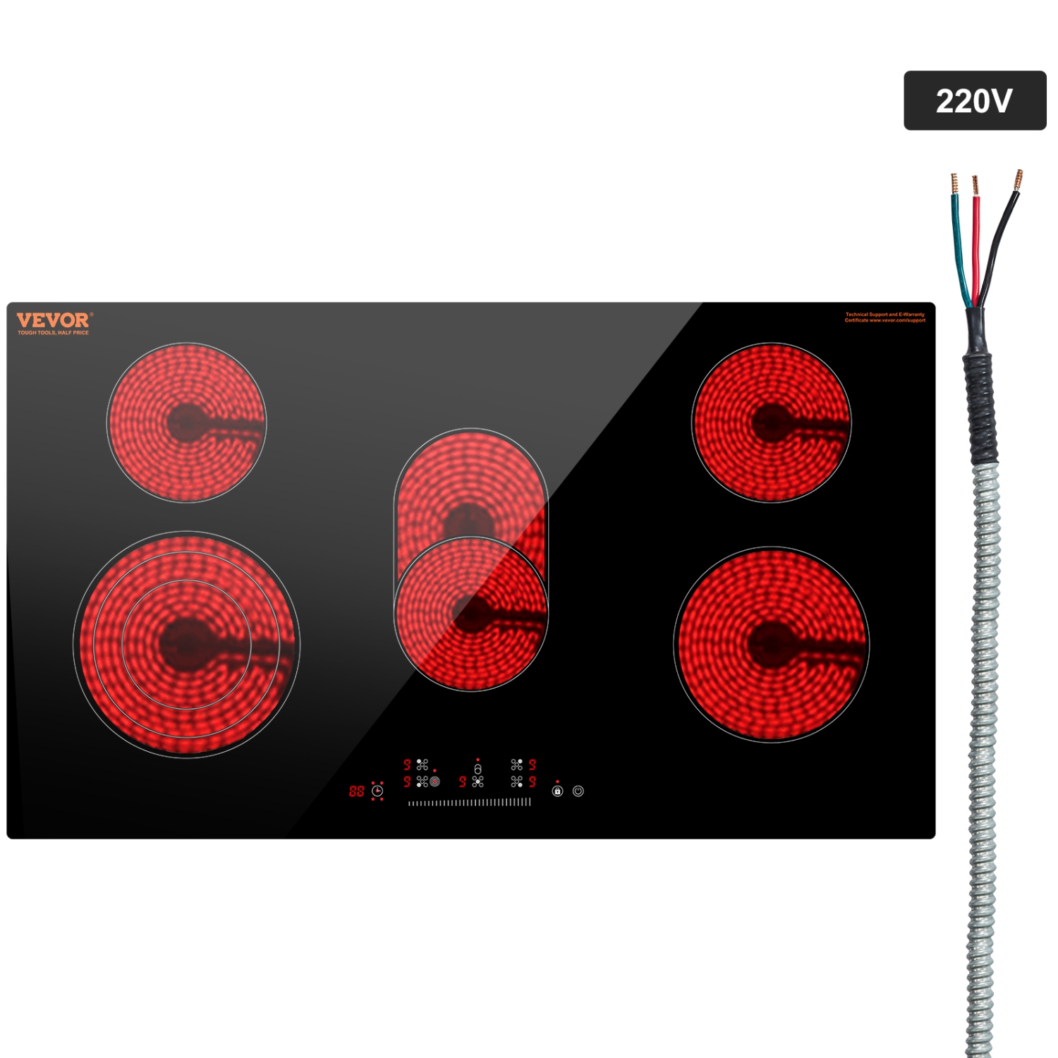 VEVOR 36 inch Electric Cooktop, 5 Burners Built-in Electric Stove Top, 8600W Ceramic Top Radiant Cooktop with Glass Panel, Touch Control, Timer,