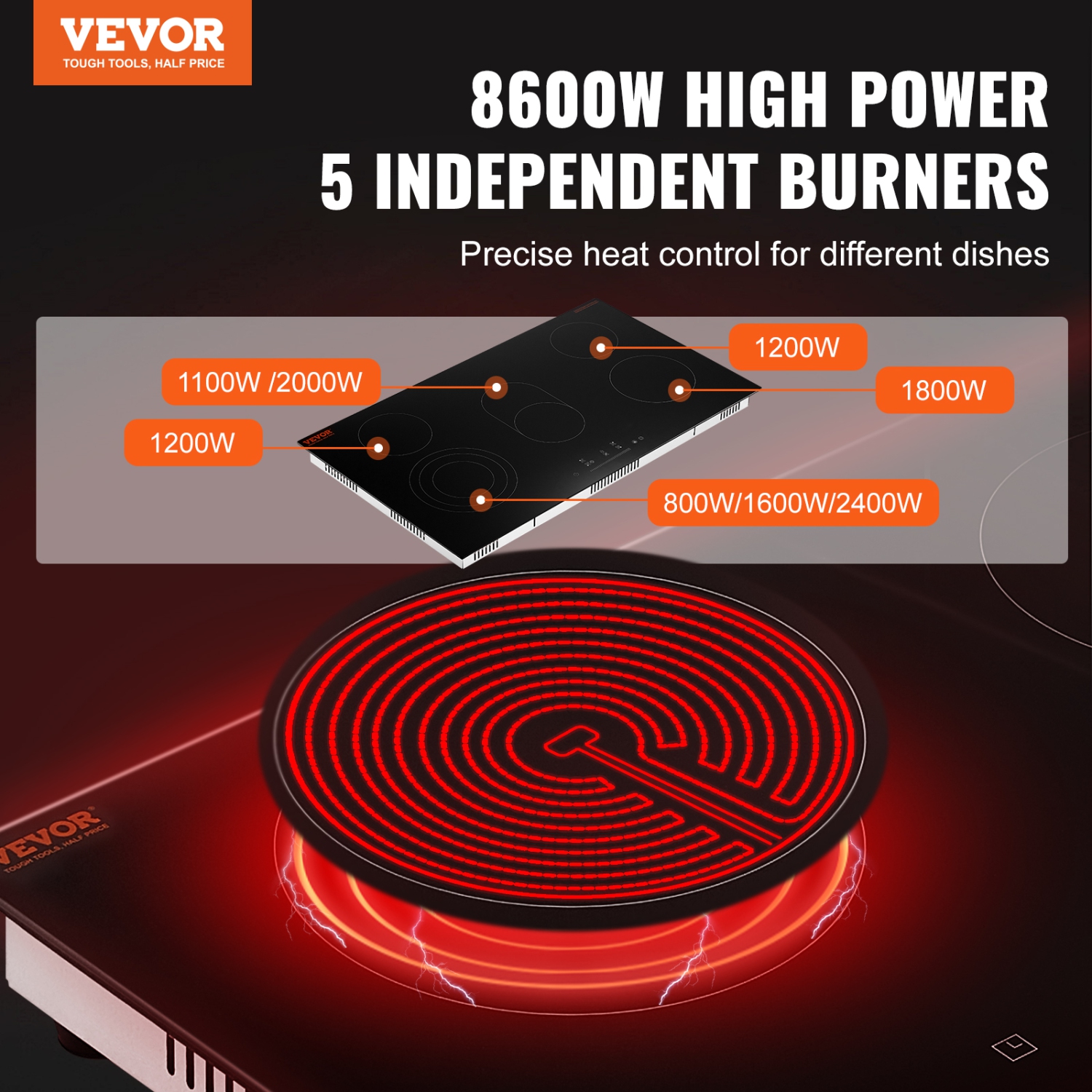 VEVOR 36 inch Electric Cooktop, 5 Burners Built-in Electric Stove Top, 8600W Ceramic Top Radiant Cooktop with Glass Panel, Touch Control, Timer,