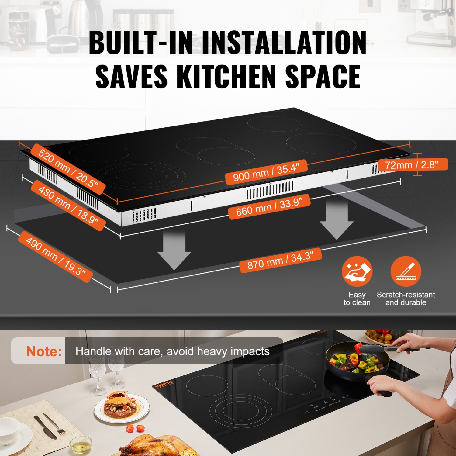 VEVOR 36 inch Electric Cooktop, 5 Burners Built-in Electric Stove Top, 8600W Ceramic Top Radiant Cooktop with Glass Panel, Touch Control, Timer,