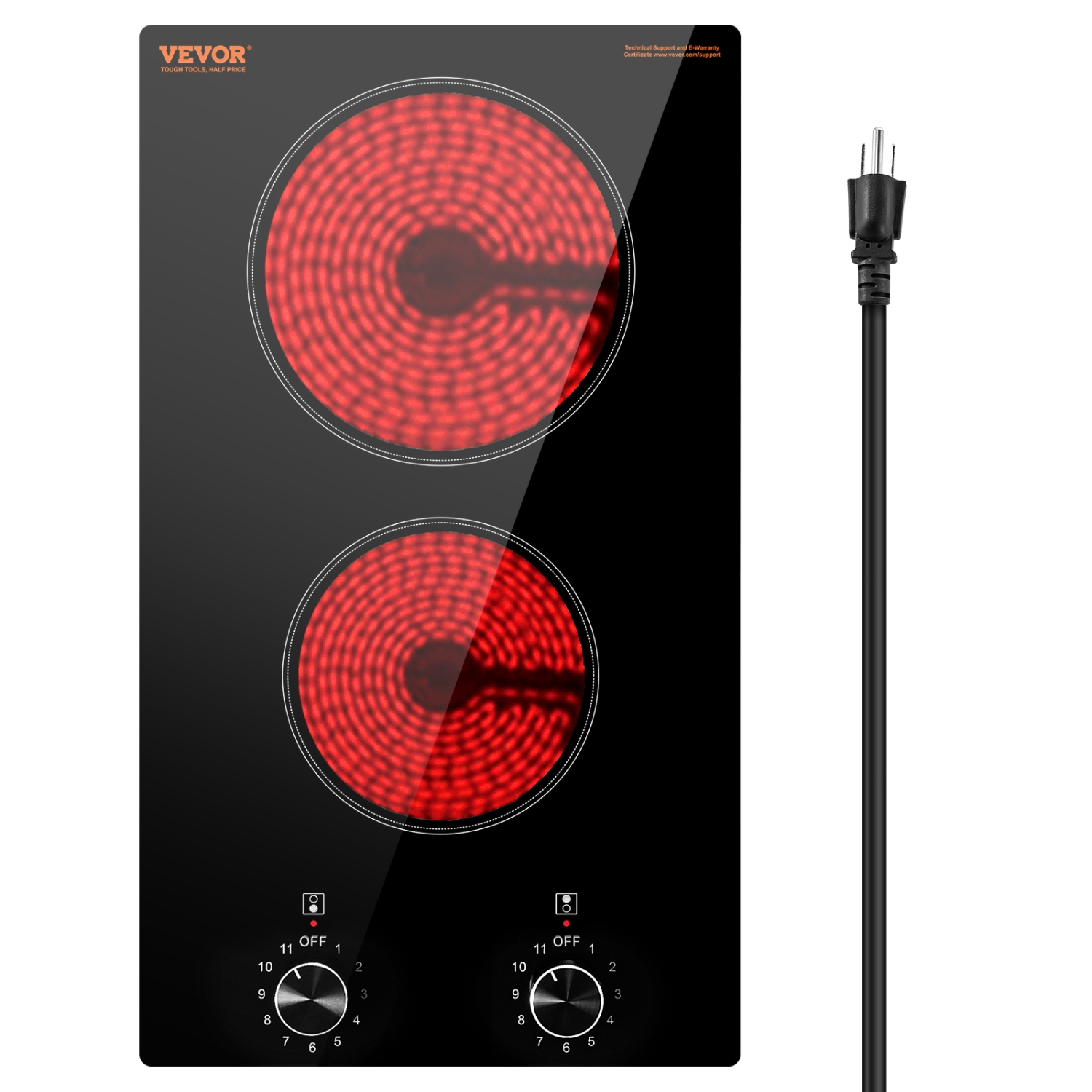 VEVOR 12 inch Electric Cooktop, 2 Burners Built-in Electric Stove Top, 1800W Ceramic Top Radiant Cooktop, with Glass Panel, Knob Control, 11 Heat