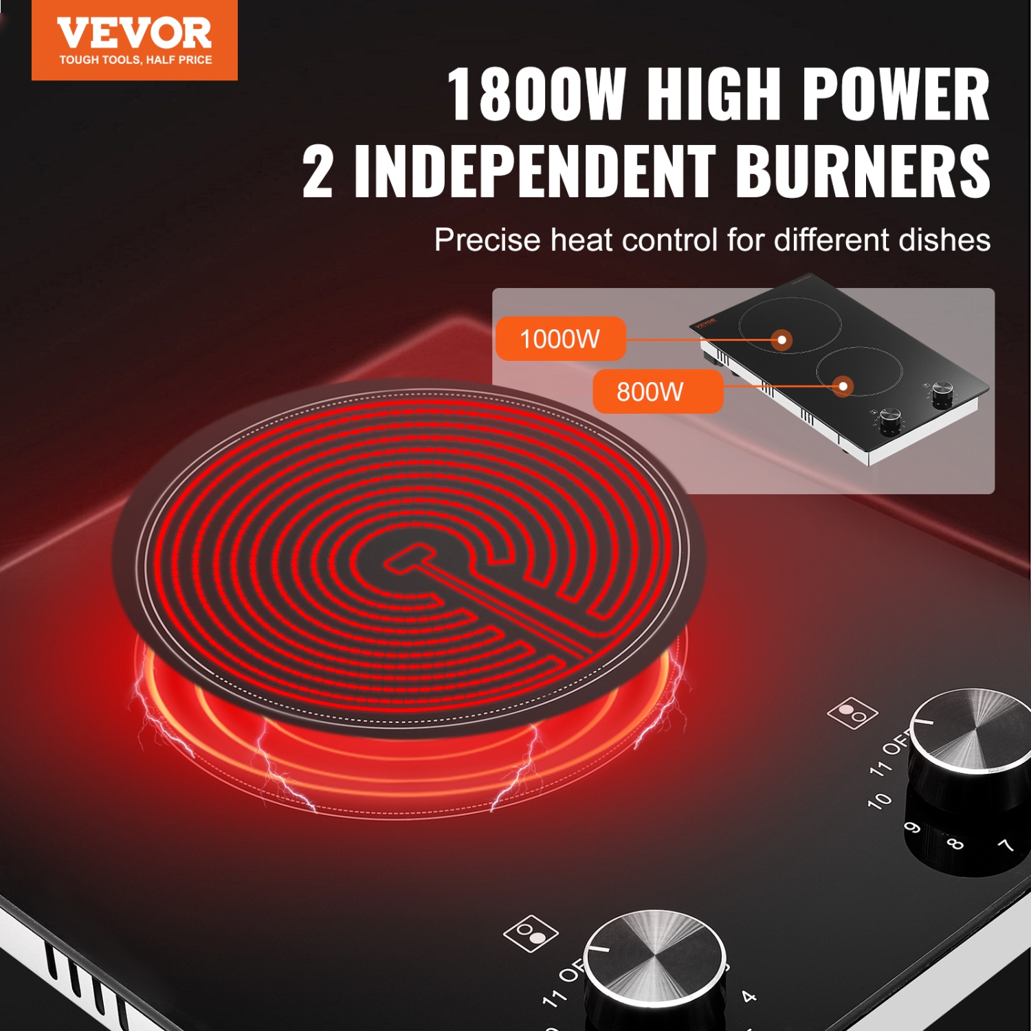 VEVOR 12 inch Electric Cooktop, 2 Burners Built-in Electric Stove Top, 1800W Ceramic Top Radiant Cooktop, with Glass Panel, Knob Control, 11 Heat