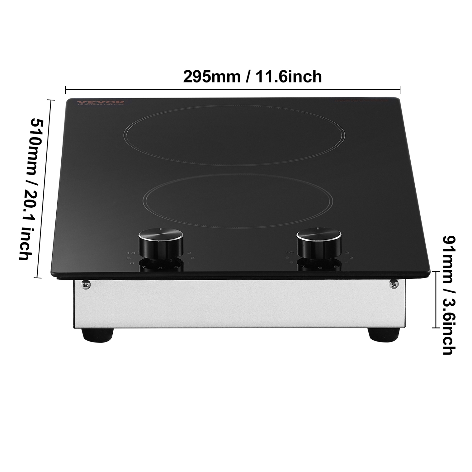 VEVOR 12 inch Electric Cooktop, 2 Burners Built-in Electric Stove Top, 1800W Ceramic Top Radiant Cooktop, with Glass Panel, Knob Control, 11 Heat