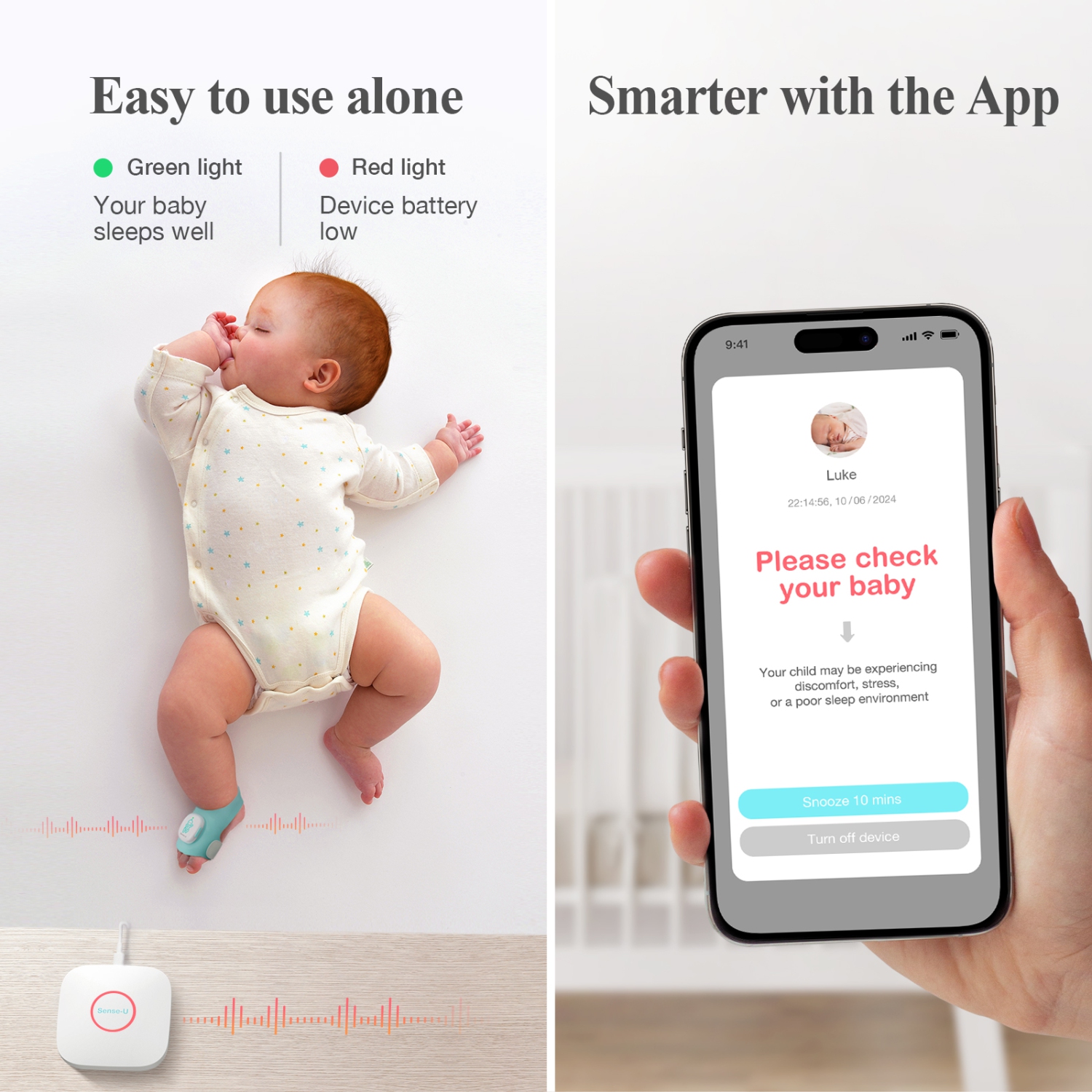 Sense-U Smart Sock Shoe Baby Monitor with On-Device Sleep Indicator & Notifications, Track Heart Rate, Movement, Sleep Patterns, Naps from Anywhere