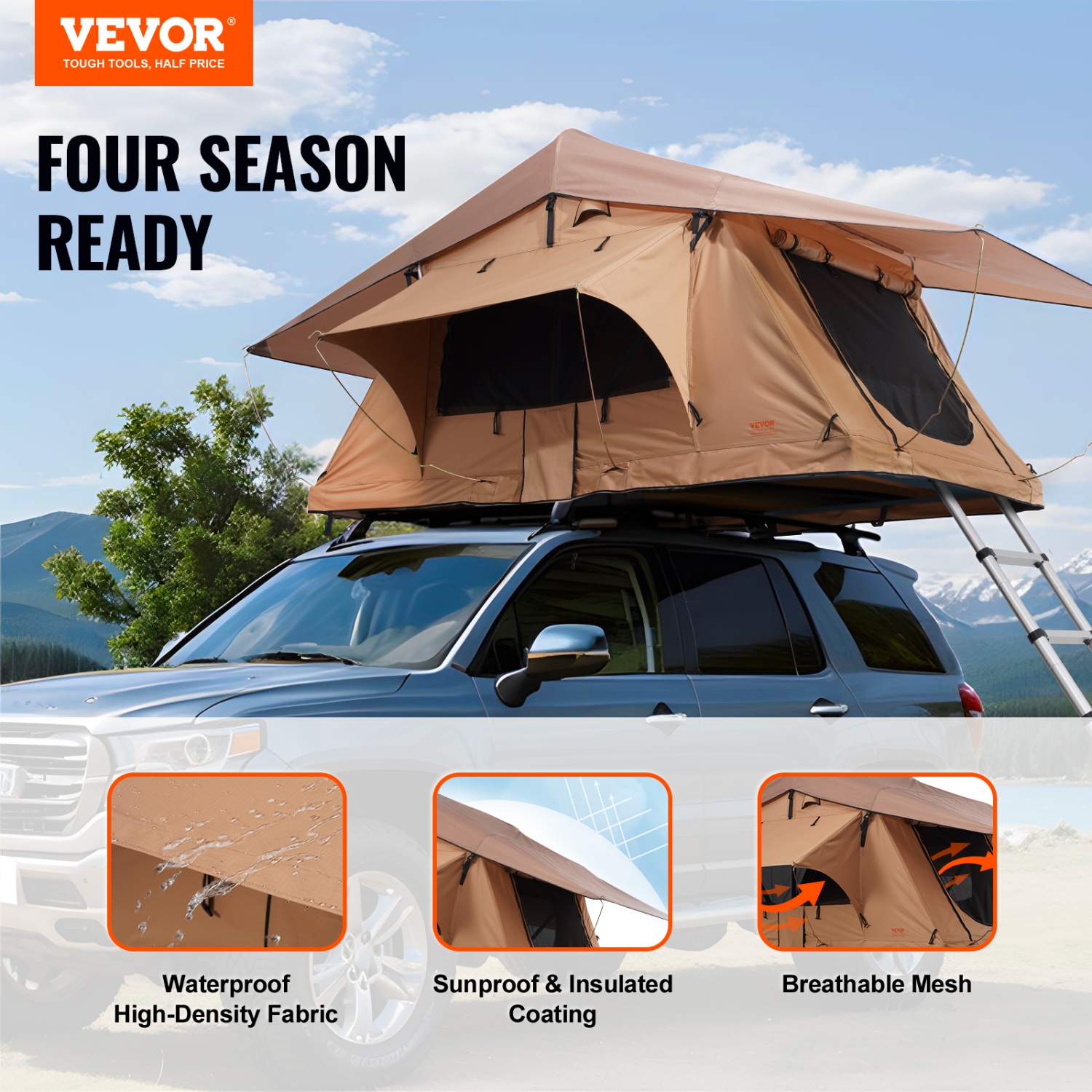 VEVOR 2-3 Person Rooftop Tent Hard Shell, Naturnest Rooftop Tent Hardshell, Folding Hard Shell Roof Top Tent with Telescopic Ladder Mattress PVC