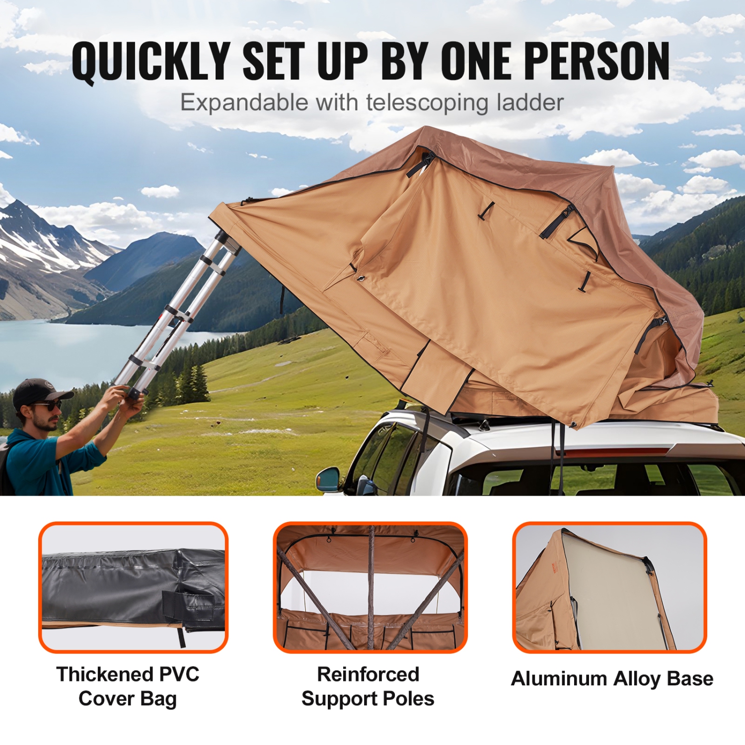 VEVOR 2-3 Person Rooftop Tent Hard Shell, Naturnest Rooftop Tent Hardshell, Folding Hard Shell Roof Top Tent with Telescopic Ladder Mattress PVC
