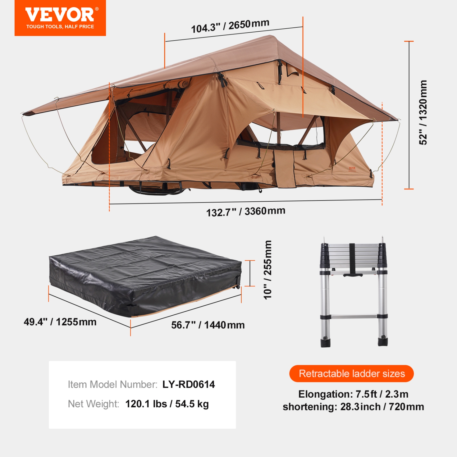 VEVOR 2-3 Person Rooftop Tent Hard Shell, Naturnest Rooftop Tent Hardshell, Folding Hard Shell Roof Top Tent with Telescopic Ladder Mattress PVC