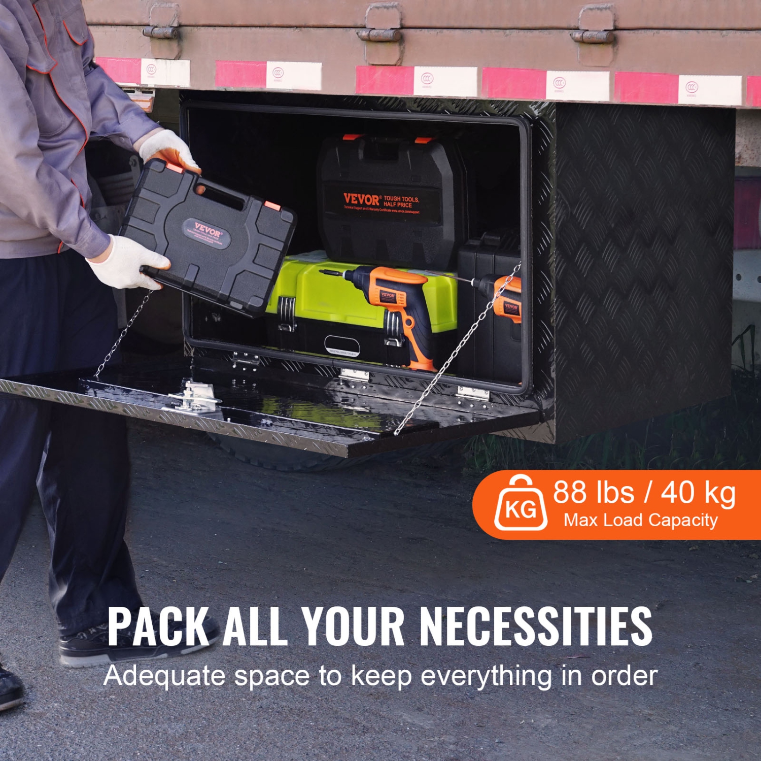 VEVOR 36" x 24" x 24" Underbody Truck Box, Pickup Storage Box, Heavy Duty Aluminum Diamond Plate Tool Box with Lock and Keys, Waterproof Trailer