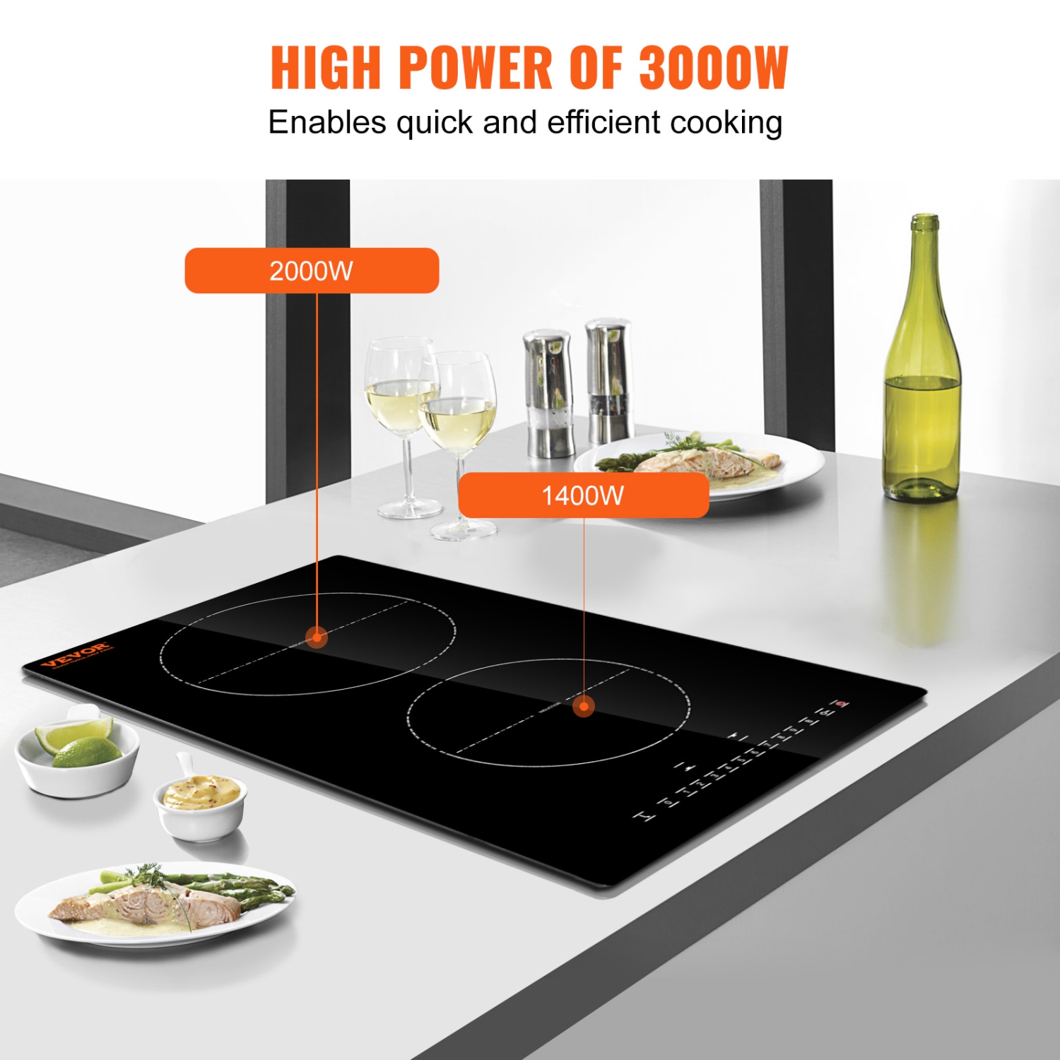 VEVOR 12'' Electric Cooktop,2 Burners,Induction Stove Top,Built-in Magnetic Cooktop 3000W, 9 Heating Level Multifunctional Burner, LED Touch Screen