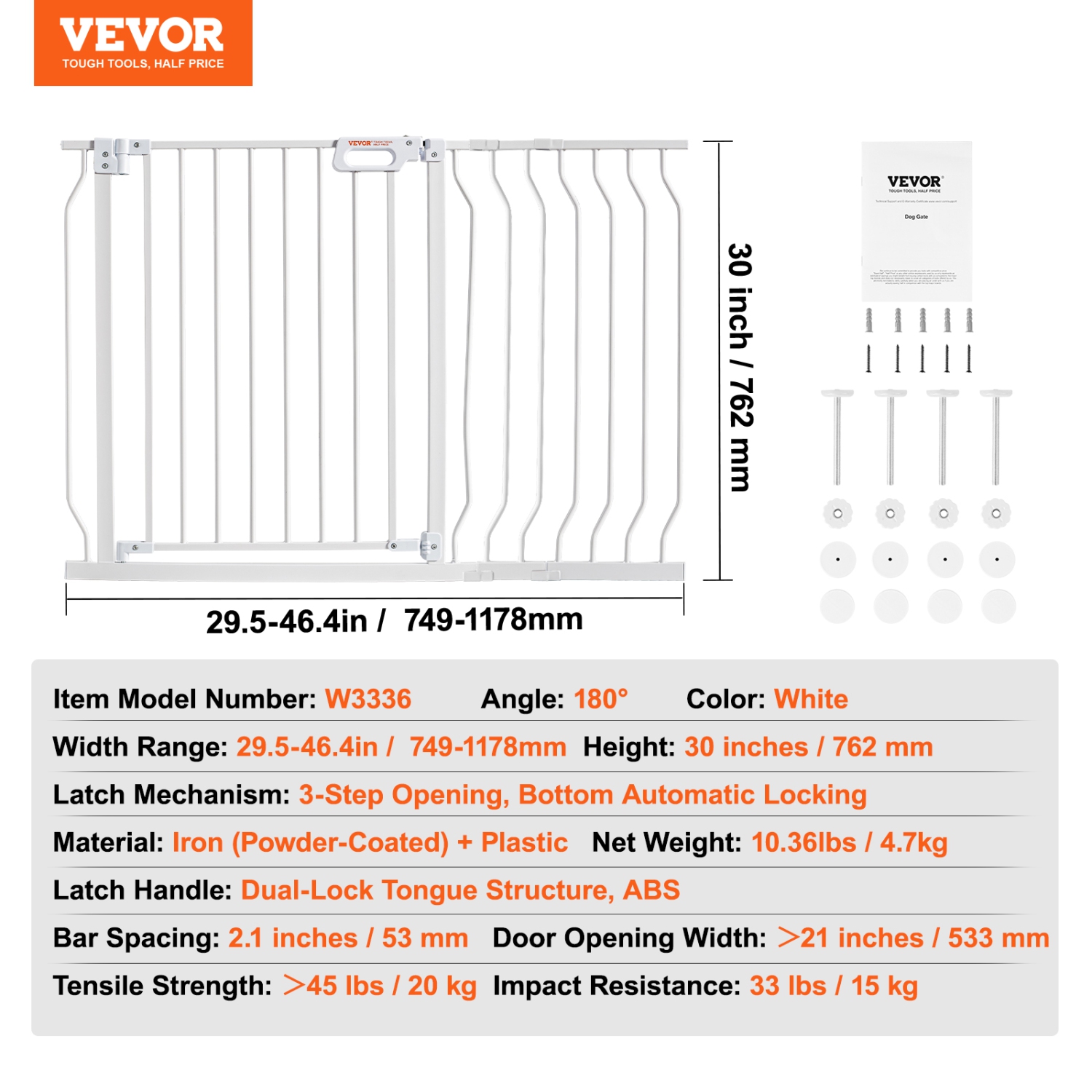 VEVOR 29.5"-46.4" Baby Gate, 30" High, Dog Gate for Stairs Doorways and House, Easy Step Walk Thru Auto Close Child Gate Pet Security Gate with