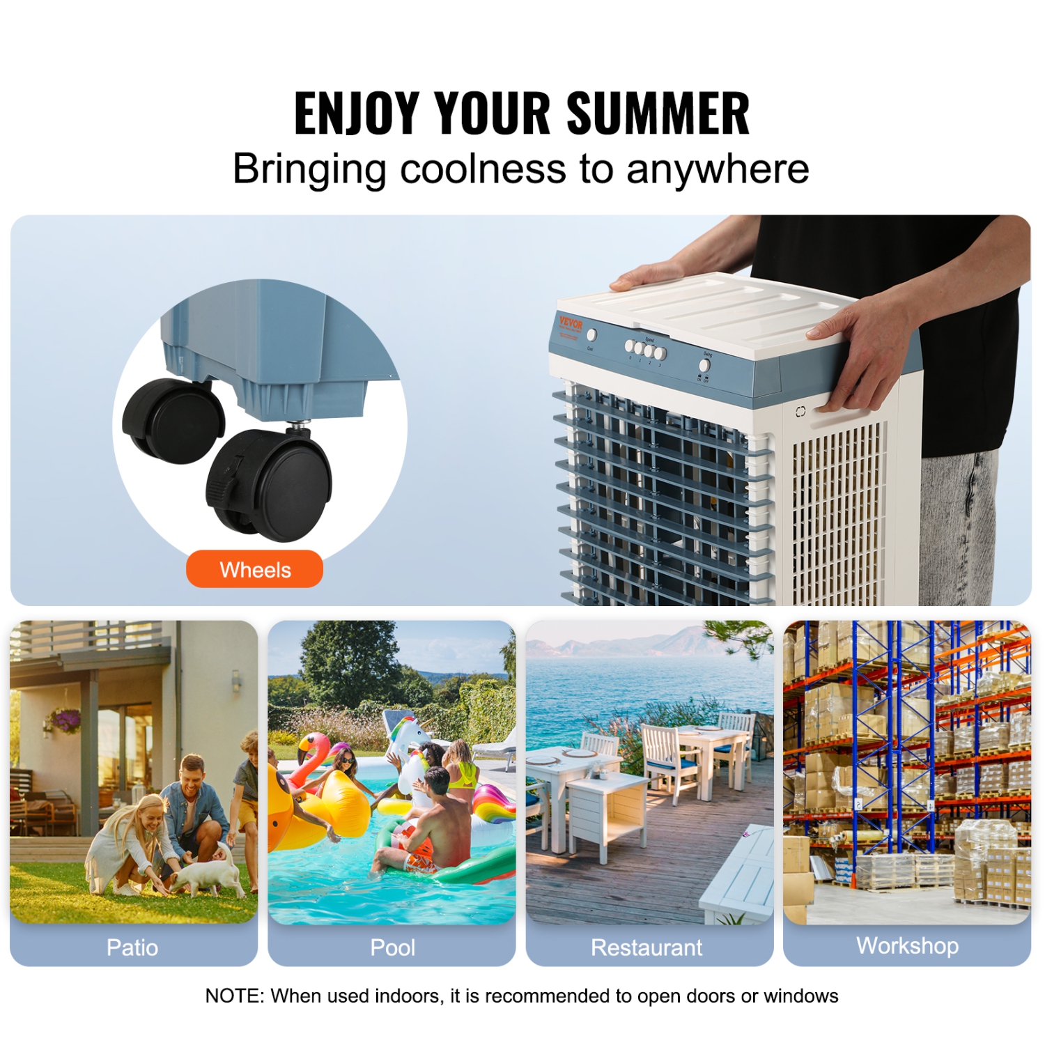 VEVOR 1400 Evaporative Cooler, CFM Air Cooler, 84° Oscillating Swamp Cooler ,5 Gal Air Cooler for 550 Sq.ft with 3 Speeds Adjustable Control, Indoor