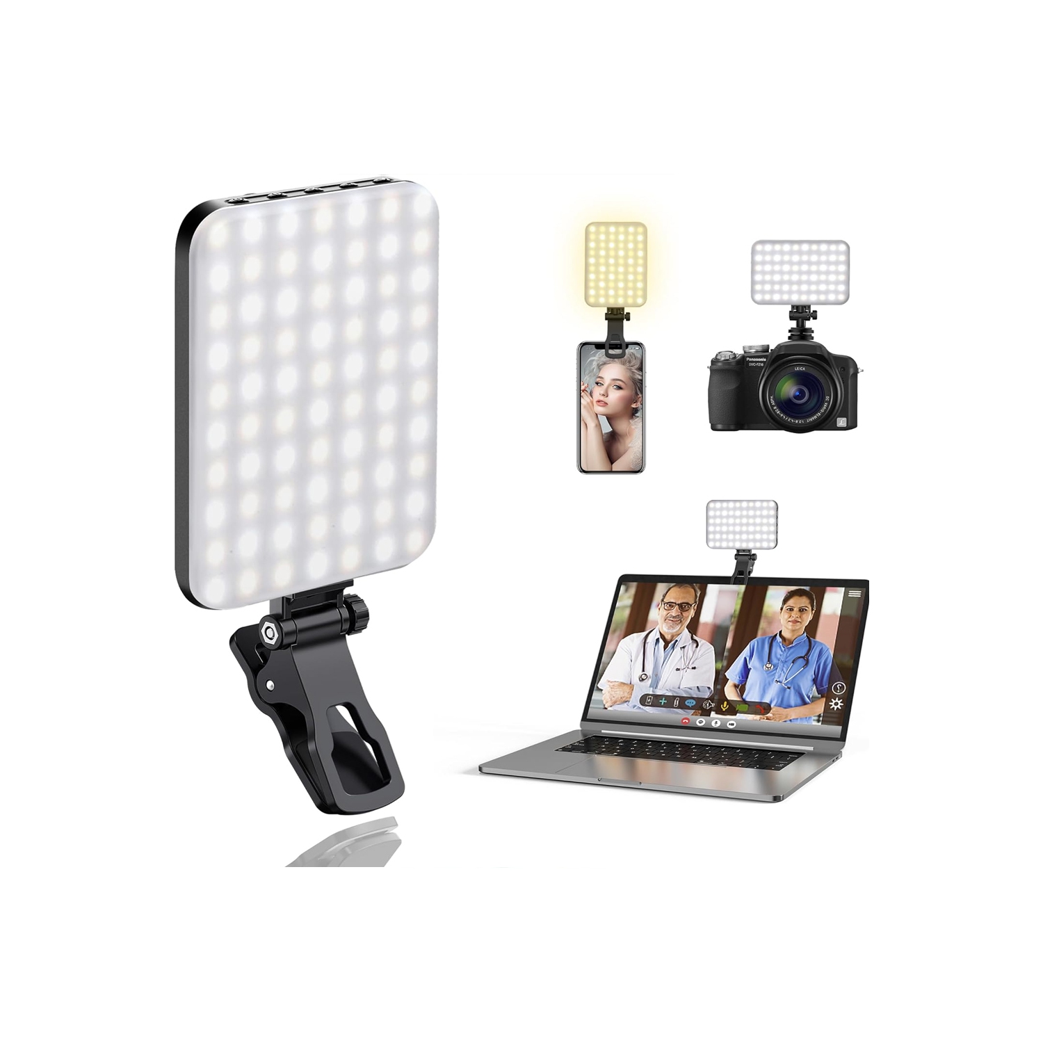 60 LED Portable Selfie Light Video Conference Lighting with Clip & Camera Tripod Adapter Rechargeable 2200mAh CRI 97+, 3 Light Modes for Phone iPhone