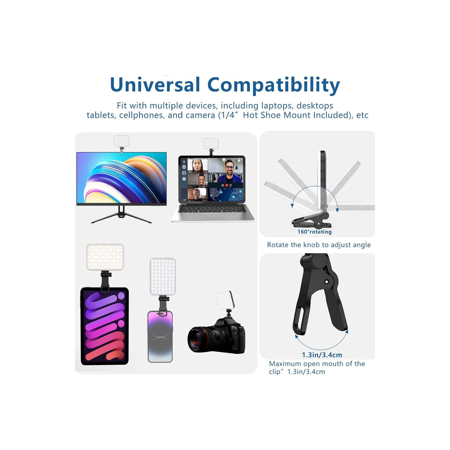 60 LED Portable Selfie Light Video Conference Lighting with Clip & Camera Tripod Adapter Rechargeable 2200mAh CRI 97+, 3 Light Modes for Phone iPhone