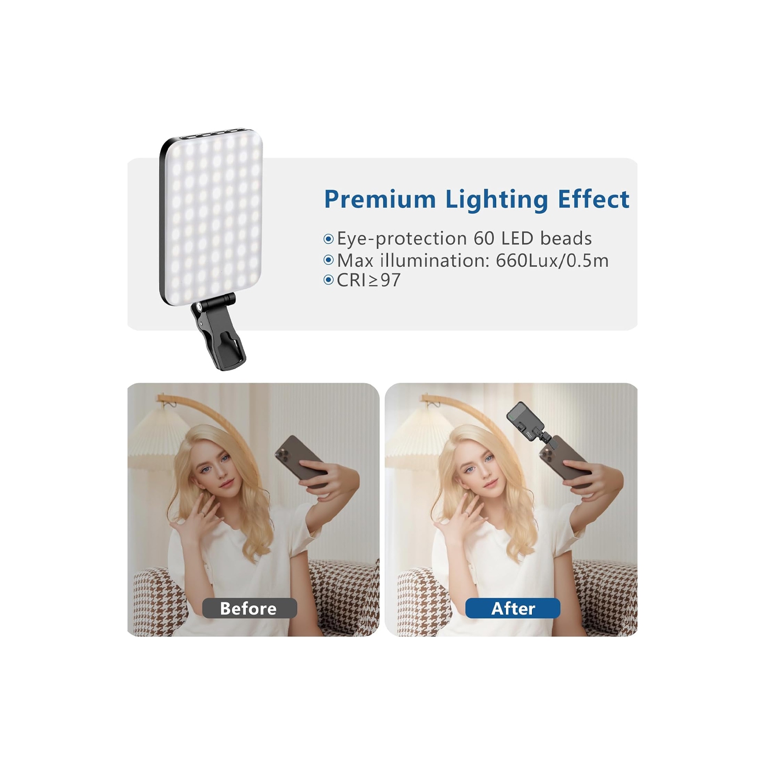 60 LED Portable Selfie Light Video Conference Lighting with Clip & Camera Tripod Adapter Rechargeable 2200mAh CRI 97+, 3 Light Modes for Phone iPhone