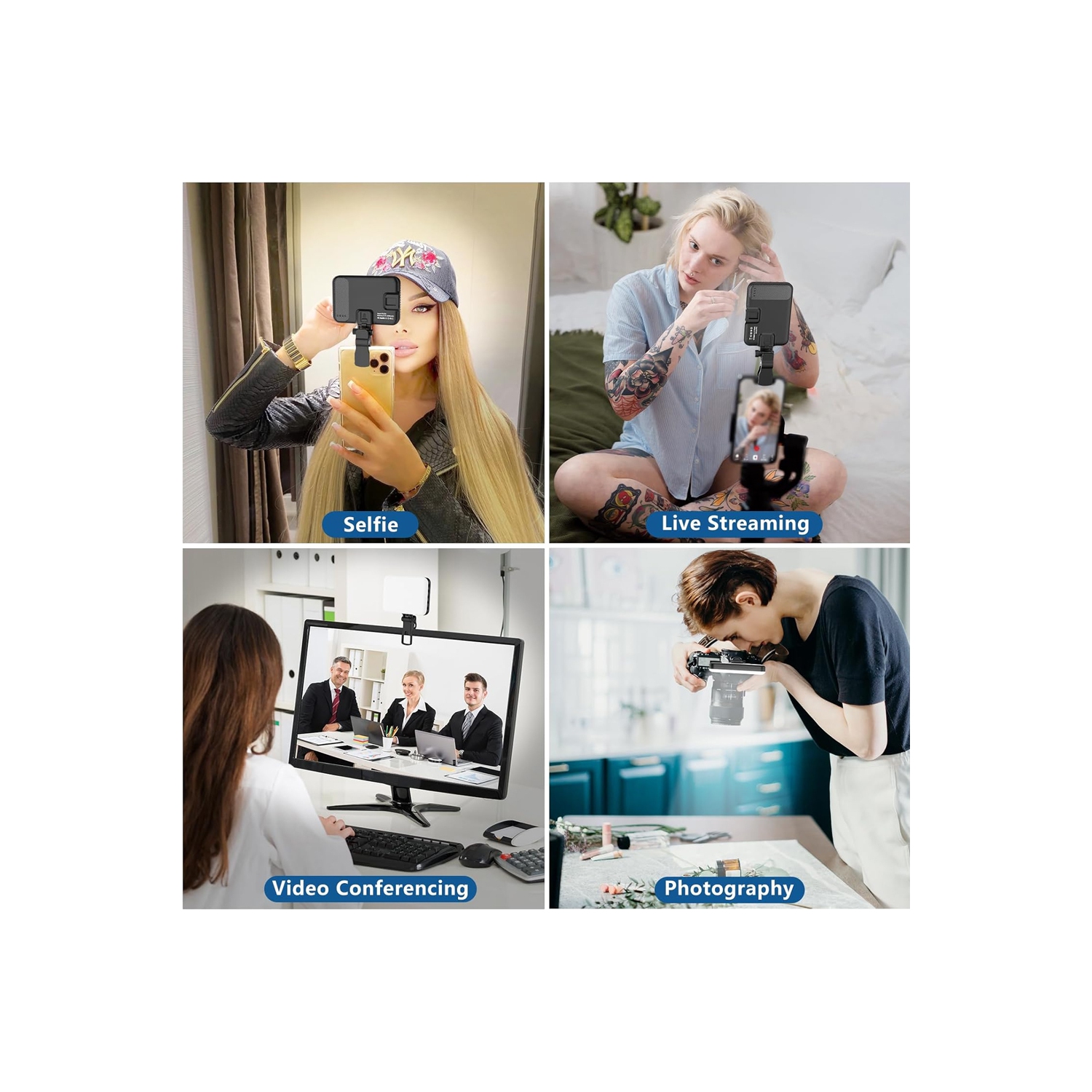 60 LED Portable Selfie Light Video Conference Lighting with Clip & Camera Tripod Adapter Rechargeable 2200mAh CRI 97+, 3 Light Modes for Phone iPhone