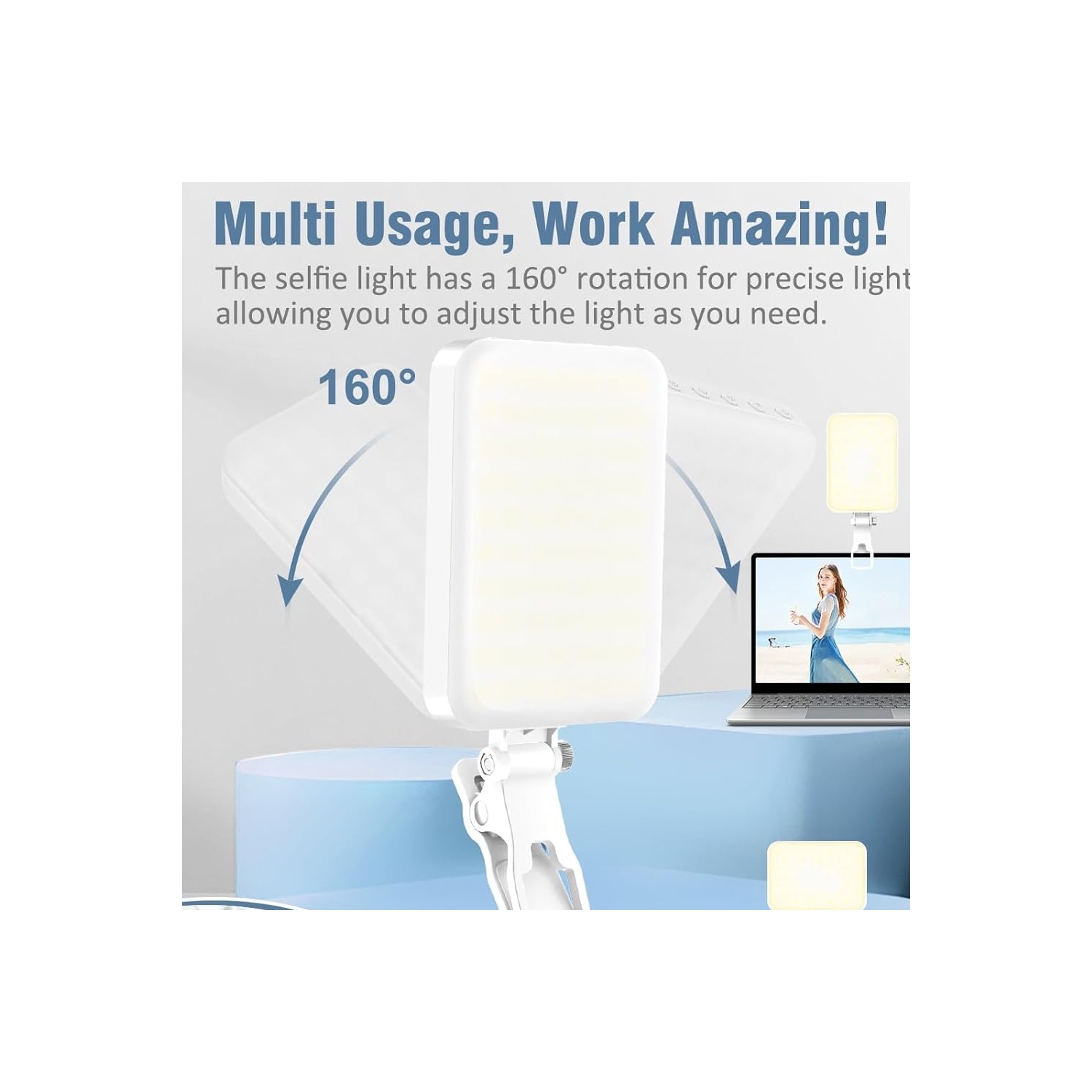 Égoportrait portatif à 60 DEL Éclairage de vidéoconférence avec pince et adaptateur trépied rechargeable 2200&nbsp;mAh CRI 97+, 9 modes d'éclairage