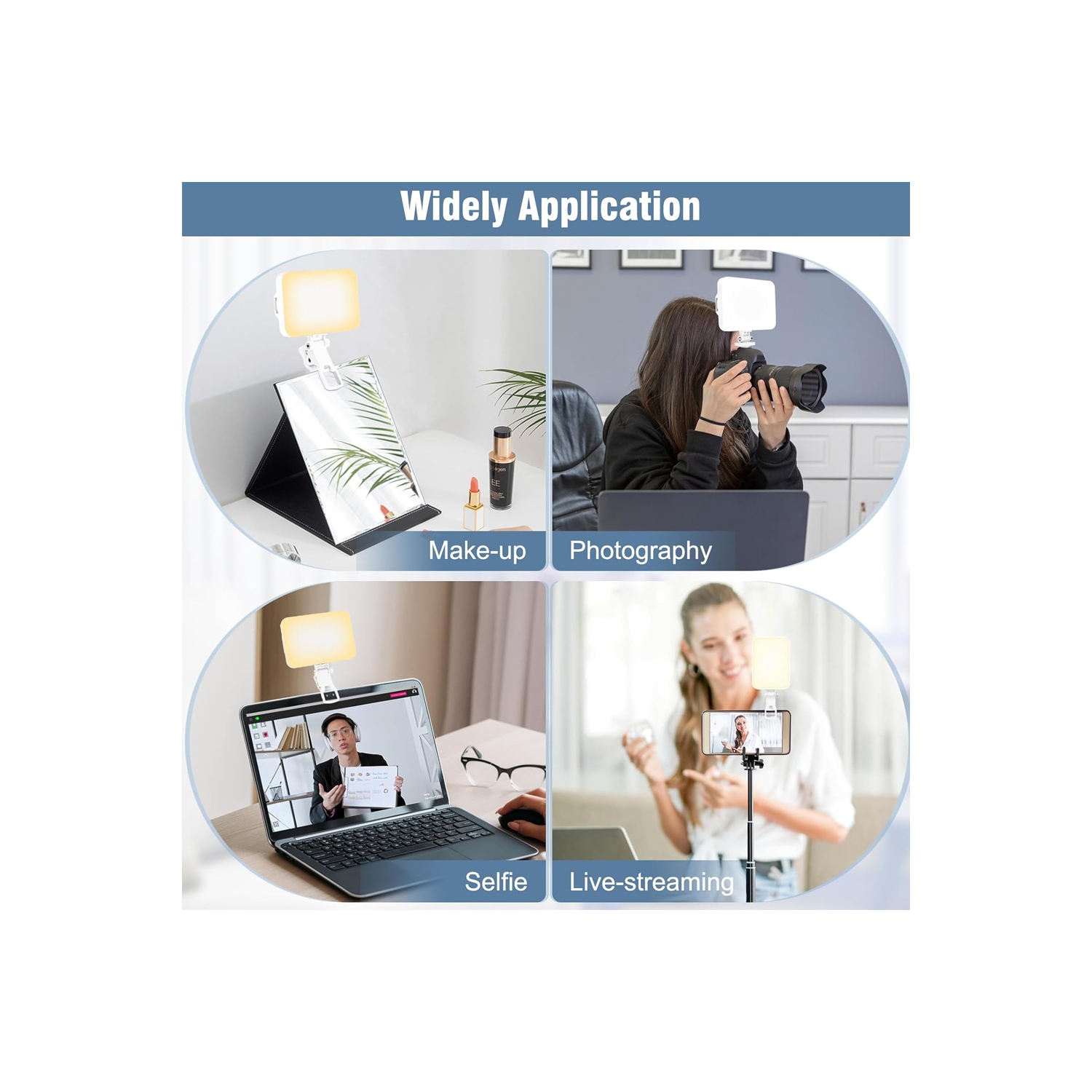 Égoportrait portatif à 60 DEL Éclairage de vidéoconférence avec pince et adaptateur trépied rechargeable 2200&nbsp;mAh CRI 97+, 9 modes d'éclairage