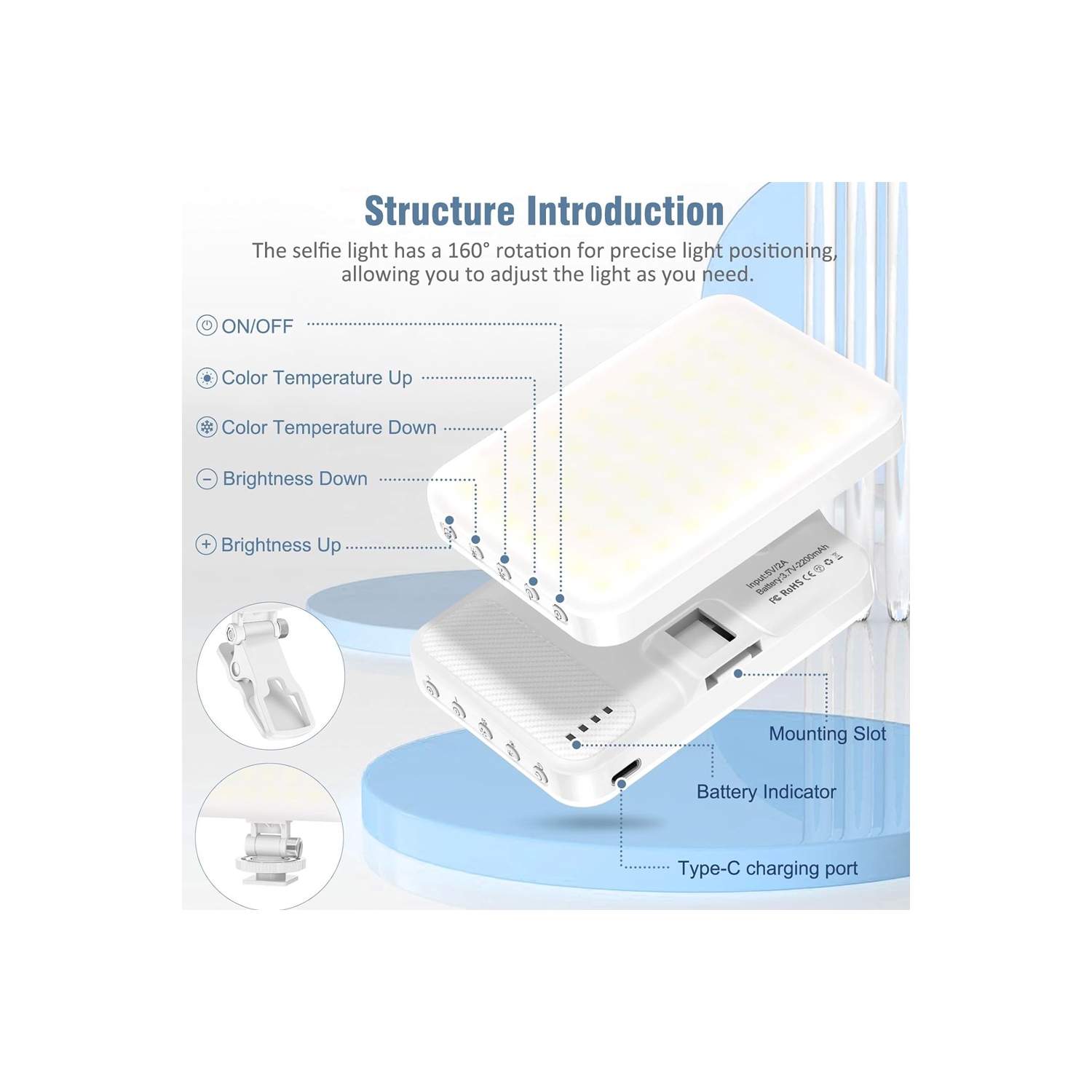 Égoportrait portatif à 60 DEL Éclairage de vidéoconférence avec pince et adaptateur trépied rechargeable 2200&nbsp;mAh CRI 97+, 9 modes d'éclairage