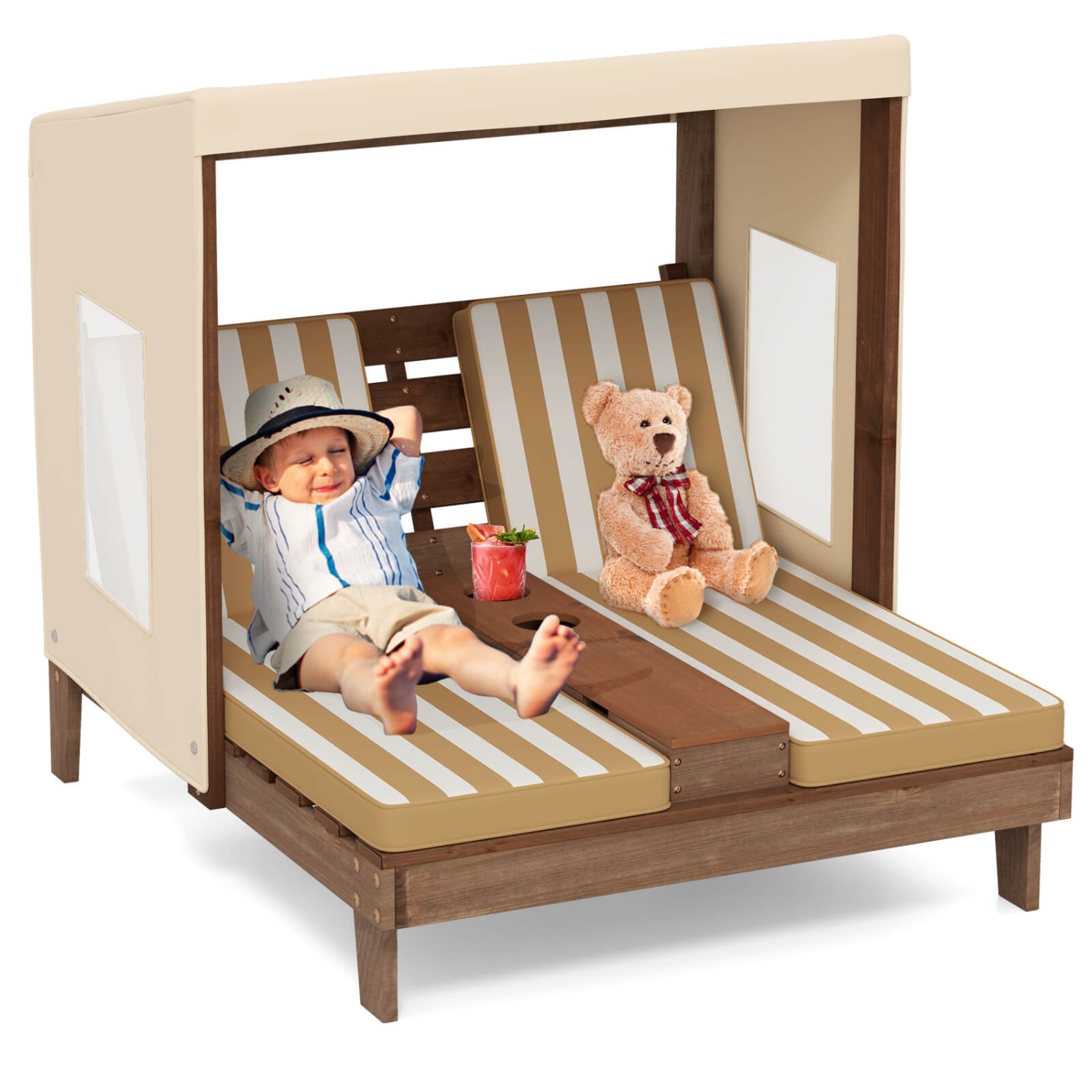 Chaise longue de patio double pour enfants de Costway avec porte-gobelets et auvent