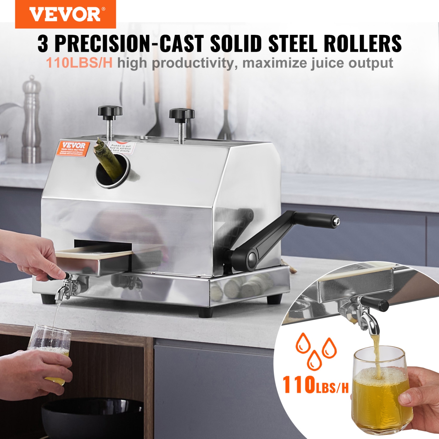 VEVOR 110LBS/H Commercial Sugar Cane Juicer, Sugarcane Juicer Machine with 3 Stainless Steel Rollers and 2.4" Large Inlet, Manual Sugarcane Juice