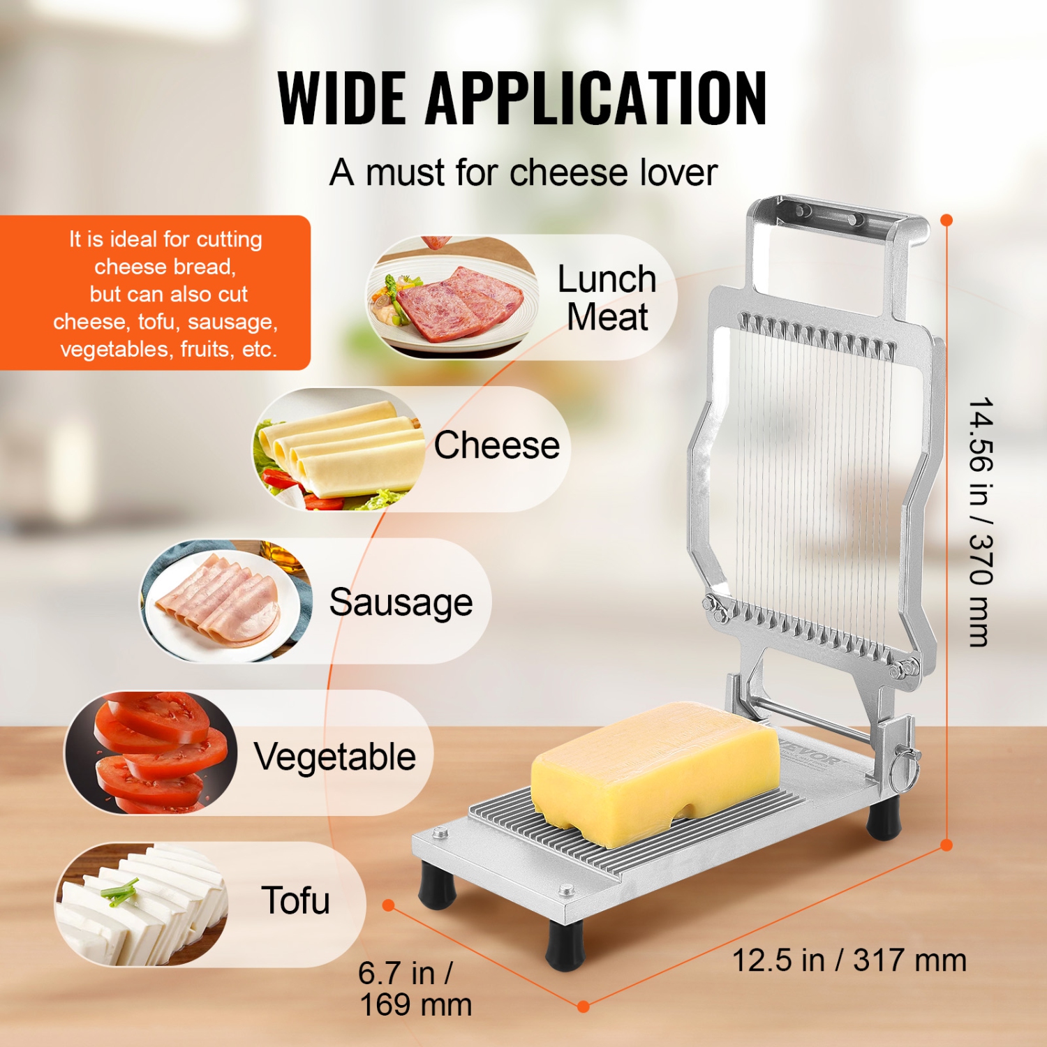 VEVOR 0.2" Cheese Cutter with Wire,Ultra-Thin Cheeser Butter Cutting Blade,Detachable Cheese Slicer Wire,Aluminum Alloy Commercial Cheese Slicer with