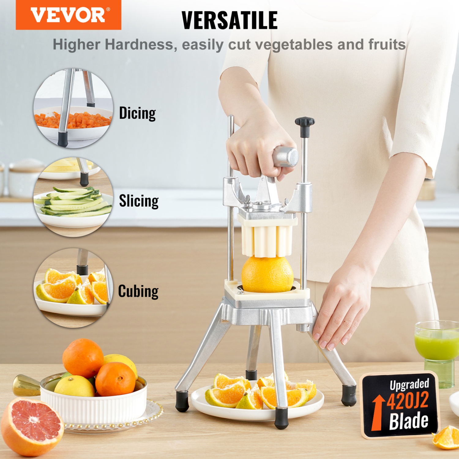 VEVOR 4 Blades 1/4" 3/8" 1/2" Commercial Vegetable Fruit Chopper, Stainless Steel French Fry Cutter , 6-wedge Slicer, Chopper Dicer with Tray, Heavy
