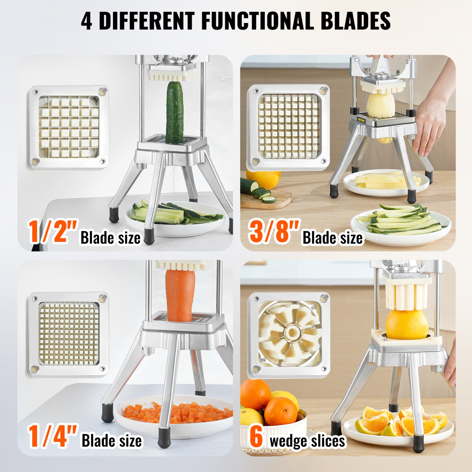 VEVOR 4 Blades 1/4" 3/8" 1/2" Commercial Vegetable Fruit Chopper, Stainless Steel French Fry Cutter , 6-wedge Slicer, Chopper Dicer with Tray, Heavy