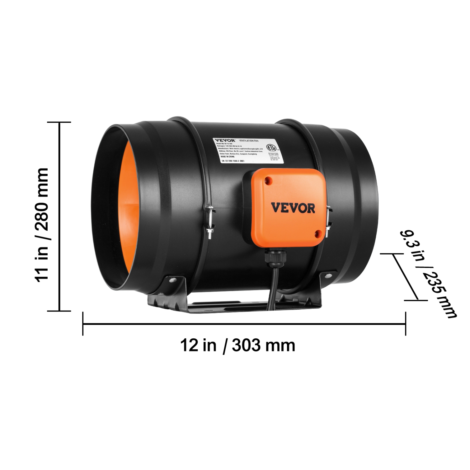 VEVOR 8-Inch 750 CFM Inline Duct Fan, with Variable Speed Controller, Quiet AC-motor Ventilation Exhaust Fan for Cooling Booster, Grow Tents,