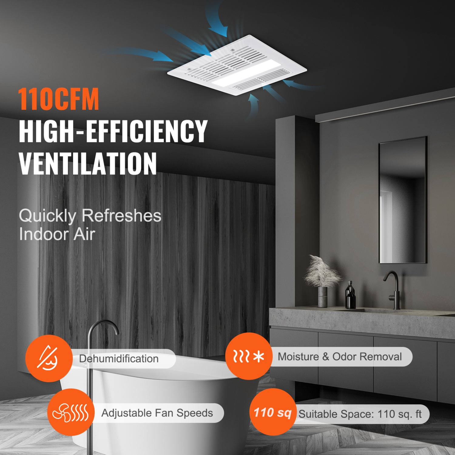 VEVOR Bathroom Exhaust Fan, 1500W Heating, 110 CFM High-Efficiency Ventilation, 1.5sones Low Noise Operation, Energy-Saving Bathroom Ceiling Fan, For