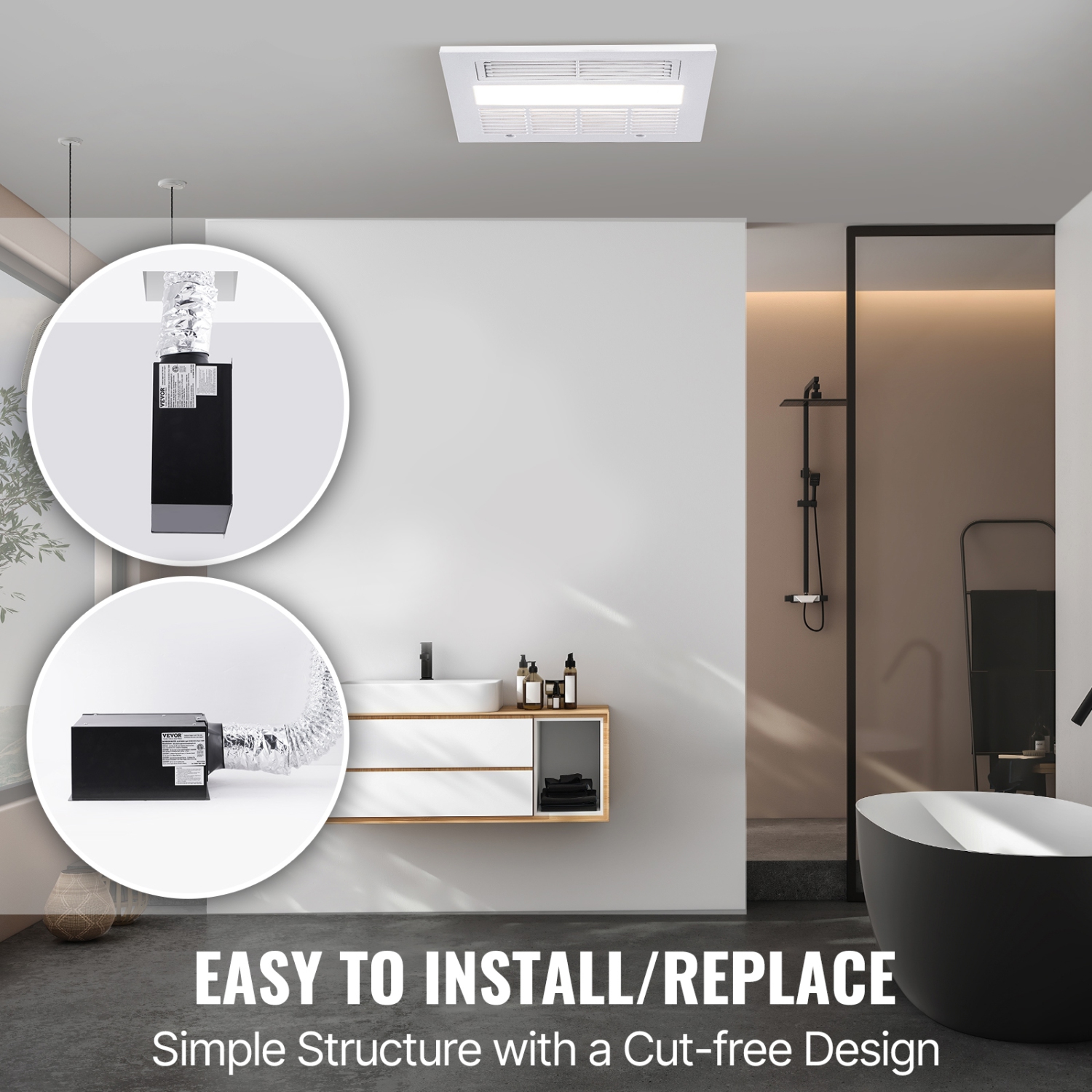 VEVOR Bathroom Exhaust Fan, 1500W Heating, 110 CFM High-Efficiency Ventilation, 1.5sones Low Noise Operation, Energy-Saving Bathroom Ceiling Fan, For