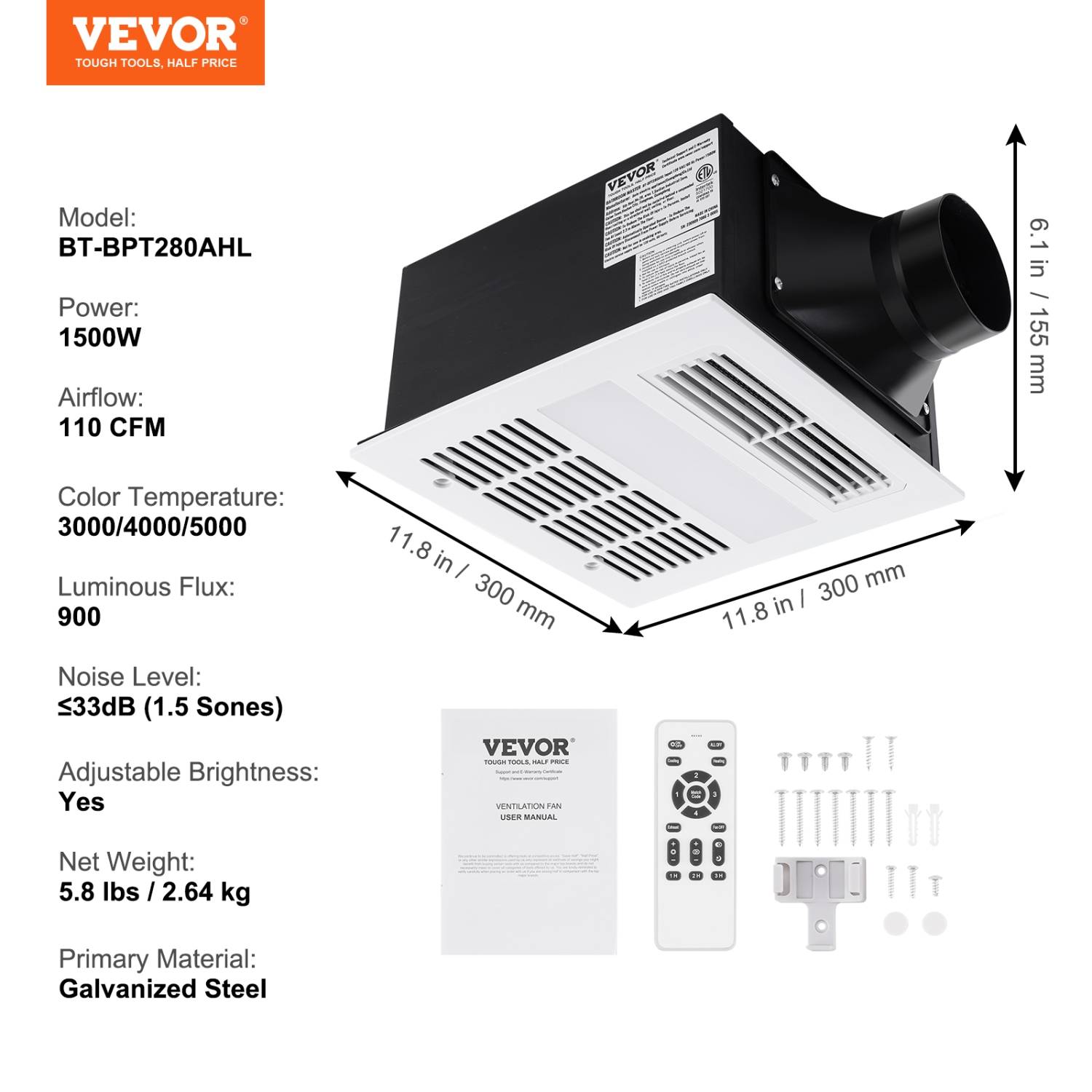 VEVOR Bathroom Exhaust Fan, 1500W Heating, 110 CFM High-Efficiency Ventilation, 1.5sones Low Noise Operation, Energy-Saving Bathroom Ceiling Fan, For
