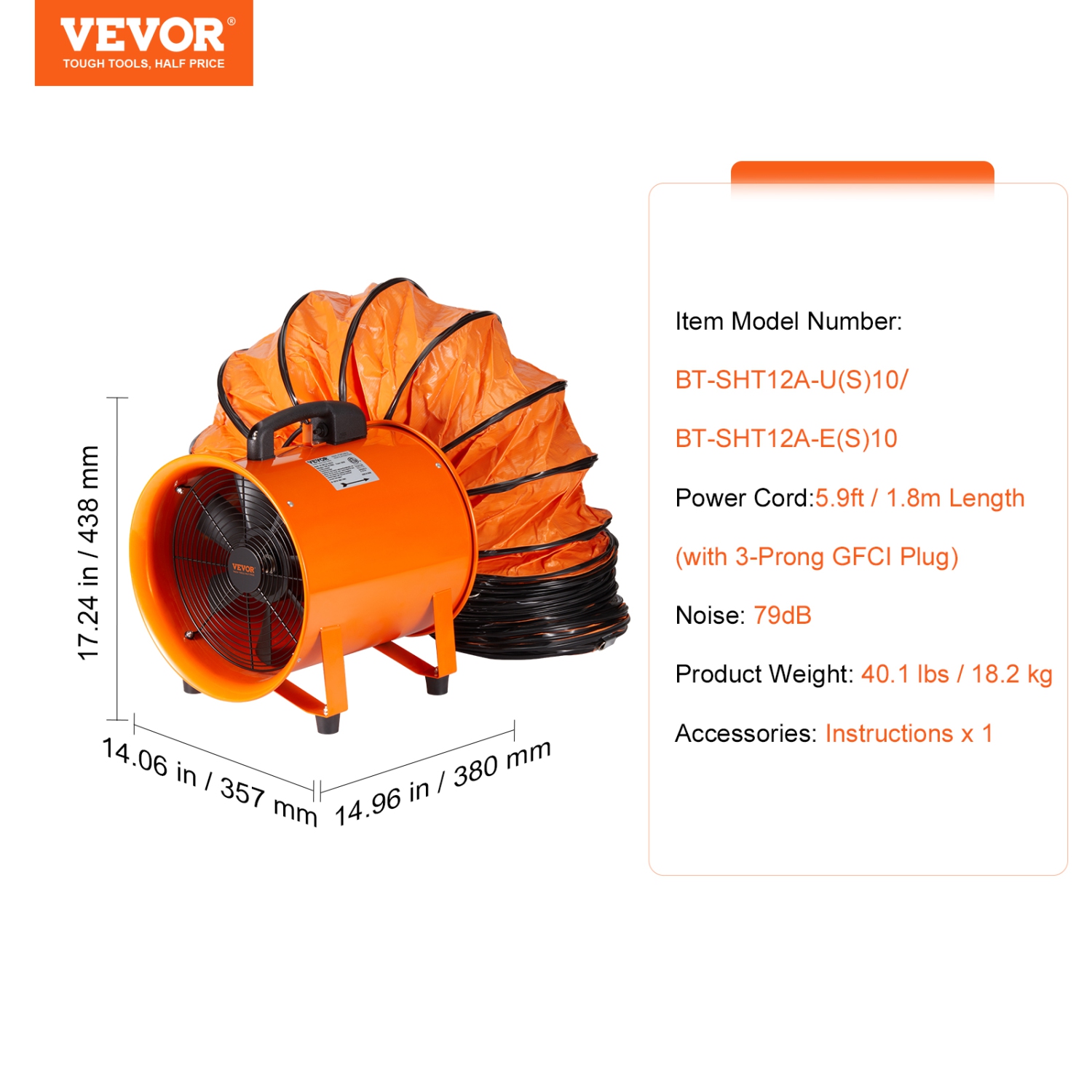 VEVOR Portable Ventilator, 12 inch Heavy Duty Cylinder Fan with 33ft Duct Hose, 585W Strong Shop Exhaust Blower 3198CFM, Industrial Utility Blower