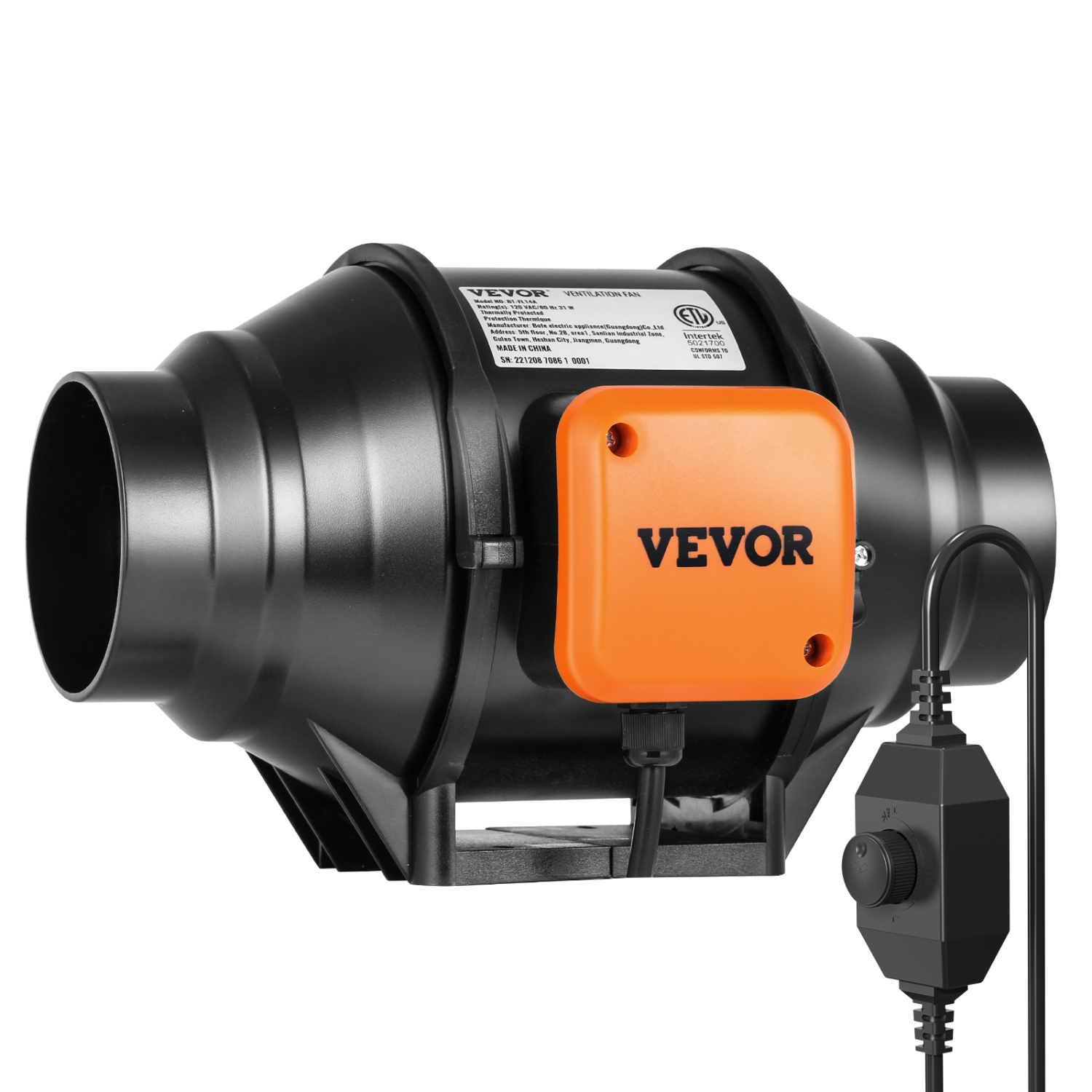 VEVOR 4-Inch 200 CFM Inline Duct Fan, with Variable Speed Controller, Quiet AC-motor Ventilation Exhaust Fan for Cooling Booster, Grow Tents, Hydroponics