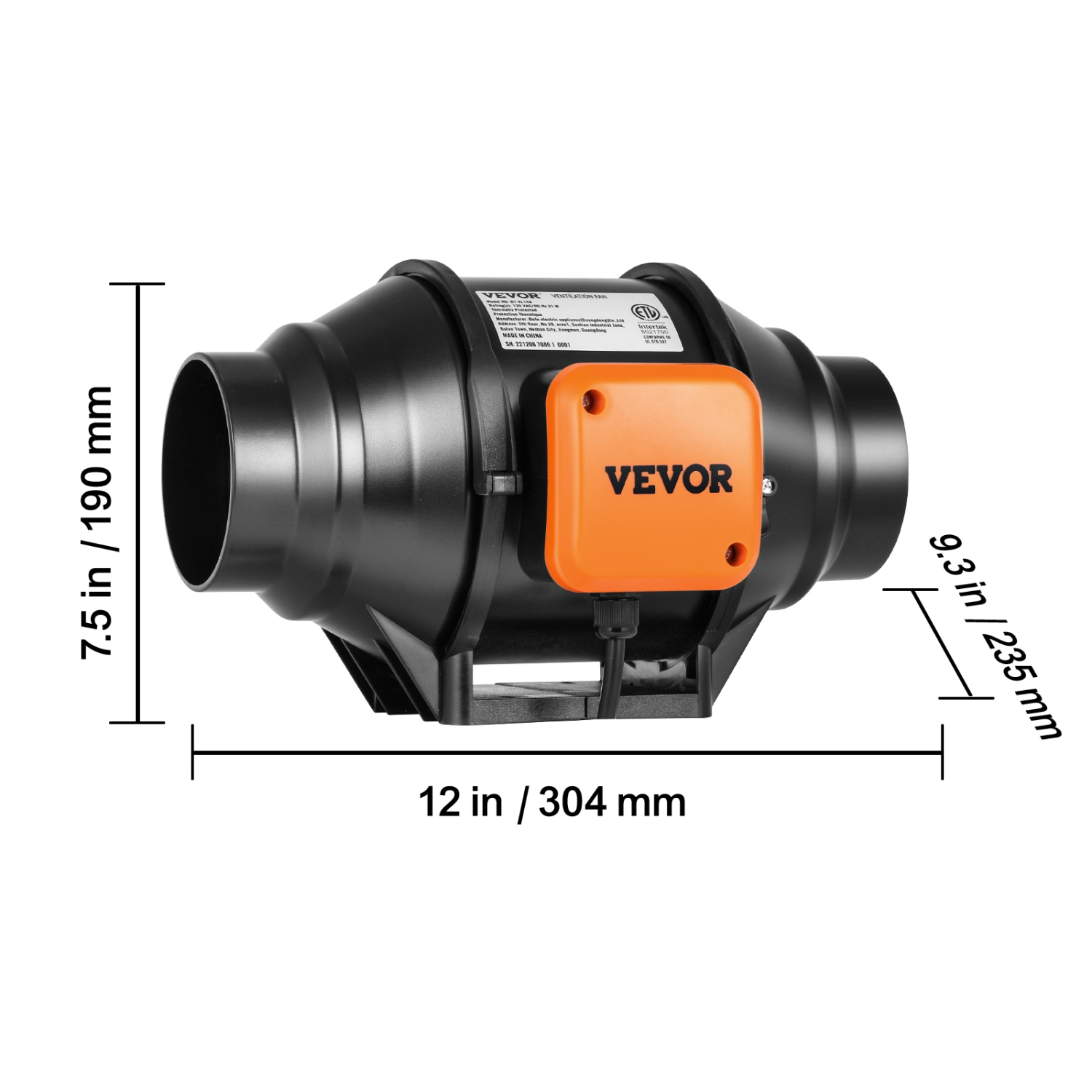 VEVOR 4-Inch 200 CFM Inline Duct Fan, with Variable Speed Controller, Quiet AC-motor Ventilation Exhaust Fan for Cooling Booster, Grow Tents,