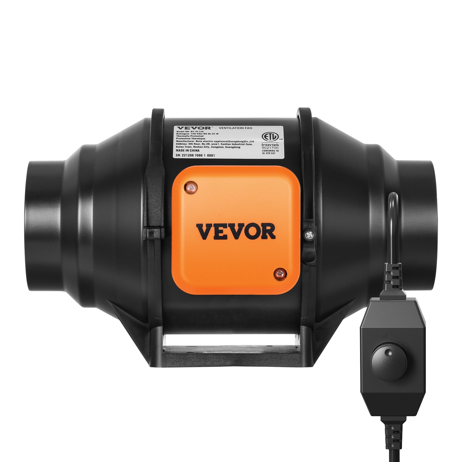 VEVOR 4-Inch 200 CFM Inline Duct Fan, with Variable Speed Controller, Quiet AC-motor Ventilation Exhaust Fan for Cooling Booster, Grow Tents,