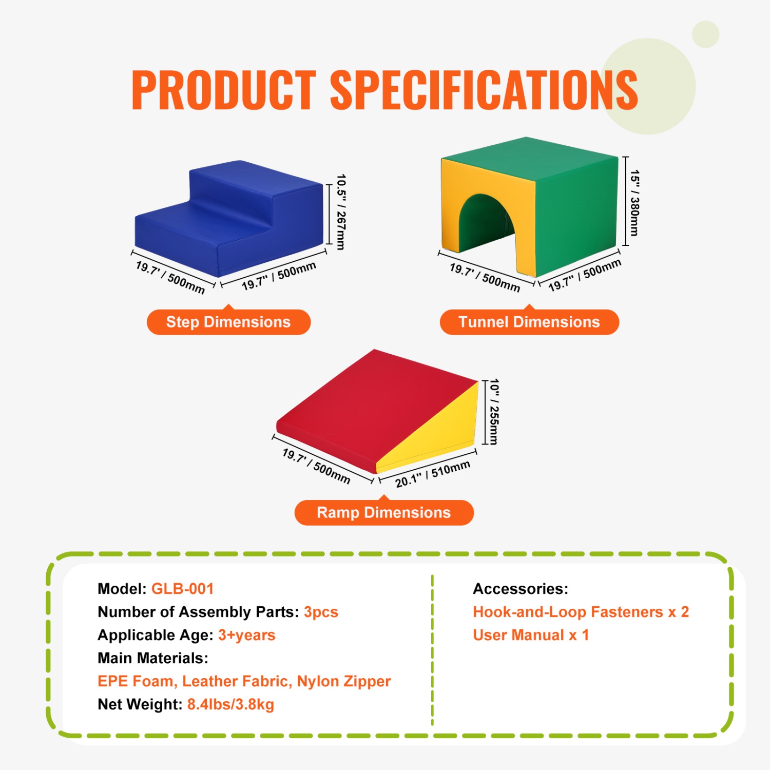 VEVOR 3 pcs, Single Tunnel Climber, Toddler Playset, Foam Climbing Blocks for Toddlers, Kids Tunnel Maze with Stairs and Ramp, Indoor for Toddlers