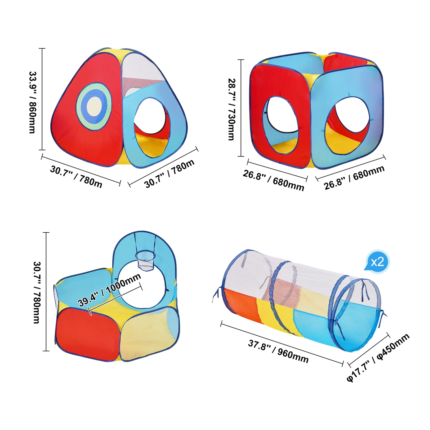 VEVOR 5 in 1 Kids Play Tent with Tunnel, Basketball Hoop for Boys, Girls, Babies and Toddlers, Indoor/Outdoor Pop Up Playhouse with Carrying Bag &