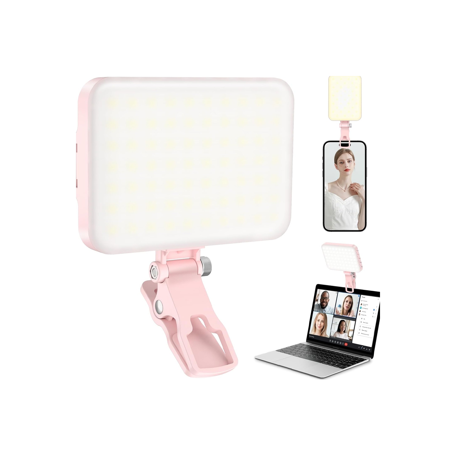 60 LED Portable Selfie Light Video Conference Lighting with Clip & Camera Tripod Adapter Rechargeable 2200mAh CRI 97+, 9 Light Modes for Phone iPhone