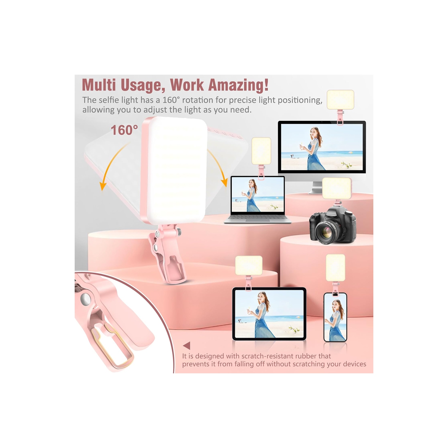 60 LED Portable Selfie Light Video Conference Lighting with Clip & Camera Tripod Adapter Rechargeable 2200mAh CRI 97+, 9 Light Modes for Phone iPhone