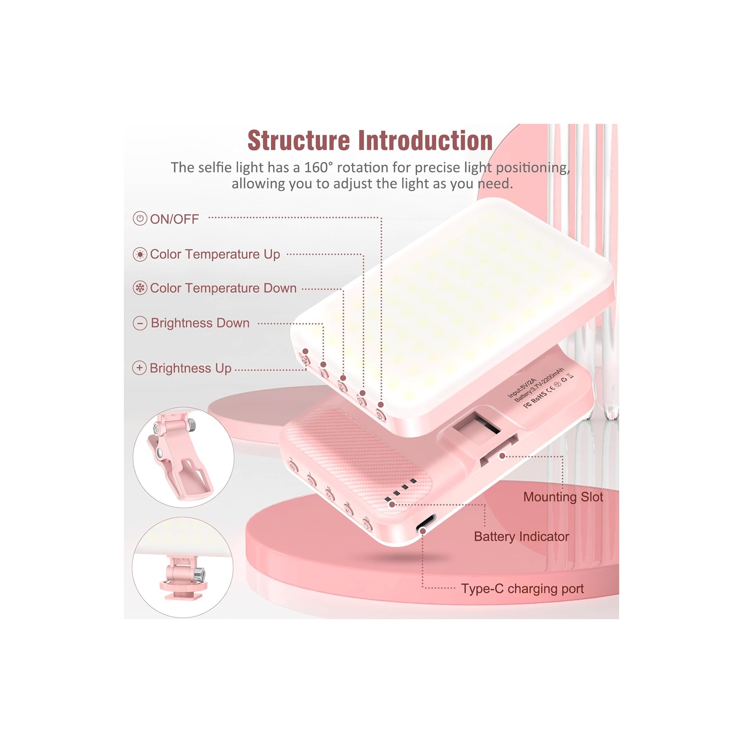 60 LED Portable Selfie Light Video Conference Lighting with Clip & Camera Tripod Adapter Rechargeable 2200mAh CRI 97+, 9 Light Modes for Phone iPhone