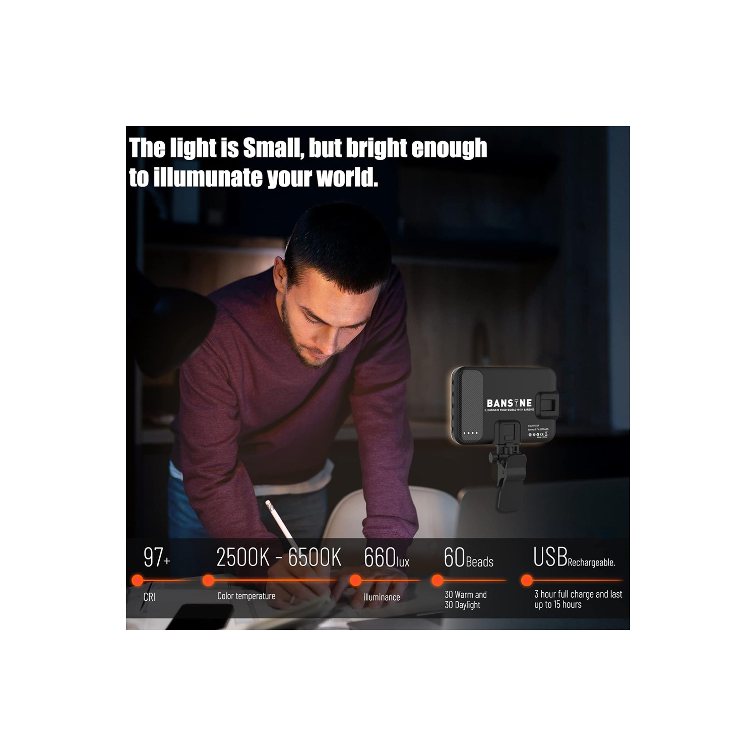 Selfie Light - USB-Rechargeable LED Phone Light - Portable Photo Light with 97+ CRI, Up to 6500K Color Temperature for Selfie, Zoom Conference,