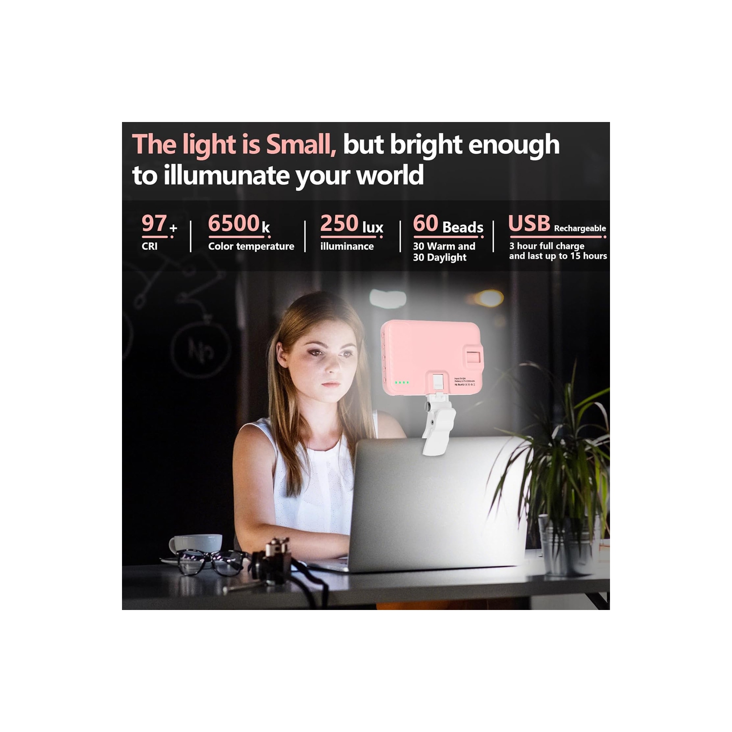 Selfie Light - LED Phone Light USB-Rechargeable - Portable Photo Light with 97+ CRI, Up to 6500K Color Temperature Camera Light for Zoom Conference,