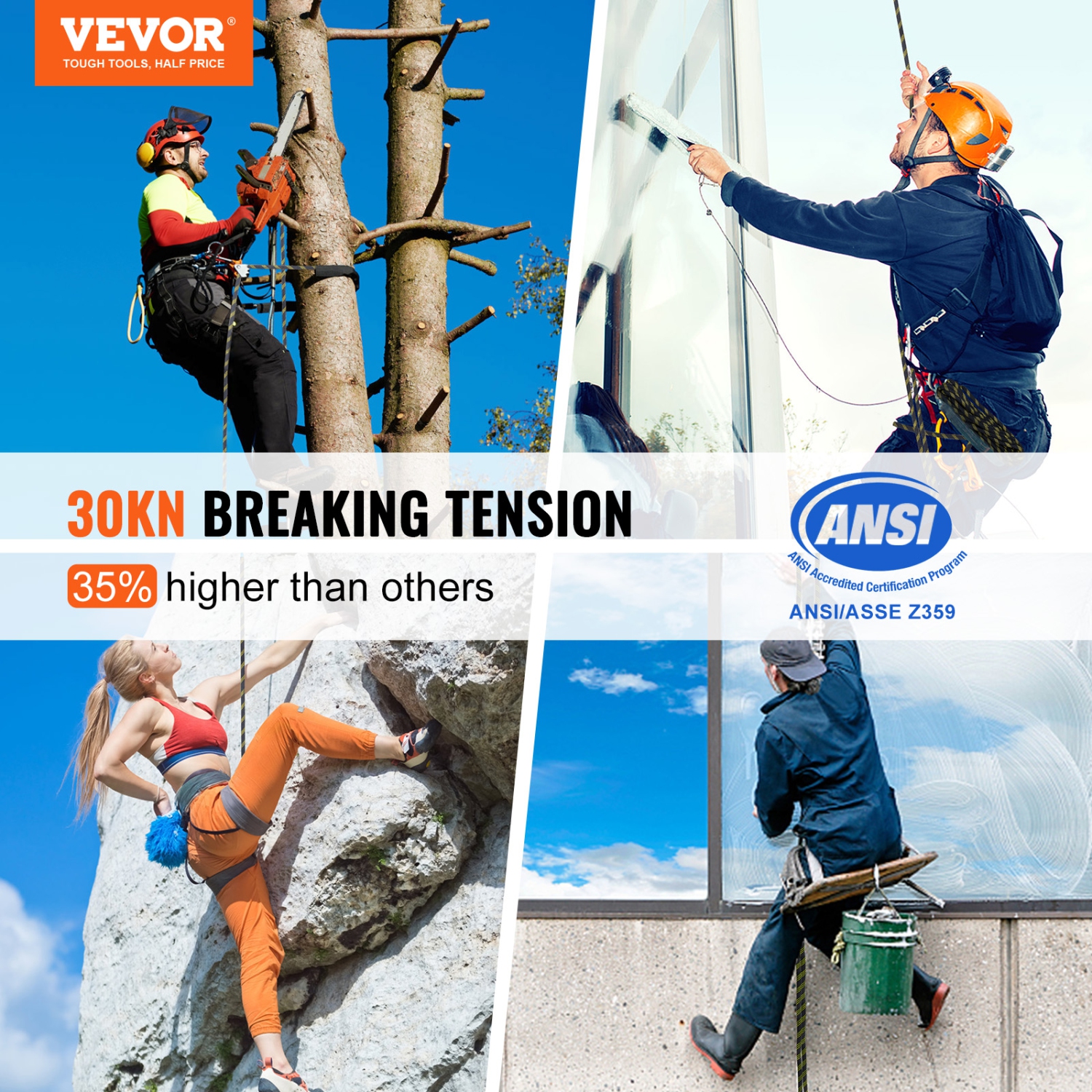 VEVOR 150ft Vertical Lifeline, Outdoor Climbing Rope 30KN Breaking Tension, Static Rock Climbing Rope with Steel Snap Hooks and Rope Grap, for