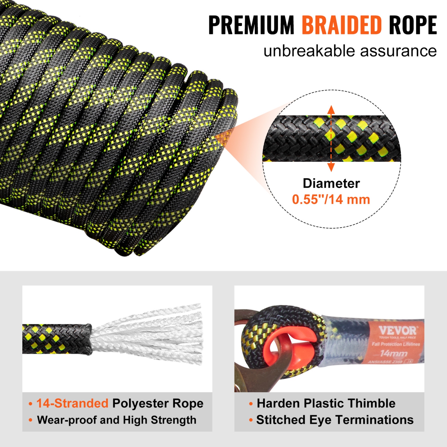 VEVOR 150ft Vertical Lifeline, Outdoor Climbing Rope 30KN Breaking Tension, Static Rock Climbing Rope with Steel Snap Hooks and Rope Grap, for