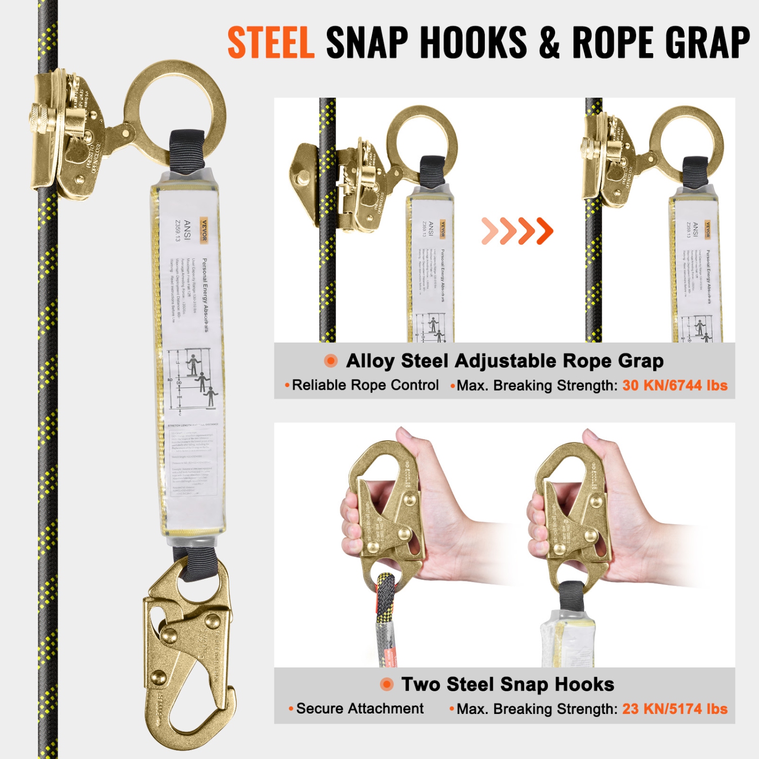 VEVOR 150ft Vertical Lifeline, Outdoor Climbing Rope 30KN Breaking Tension, Static Rock Climbing Rope with Steel Snap Hooks and Rope Grap, for