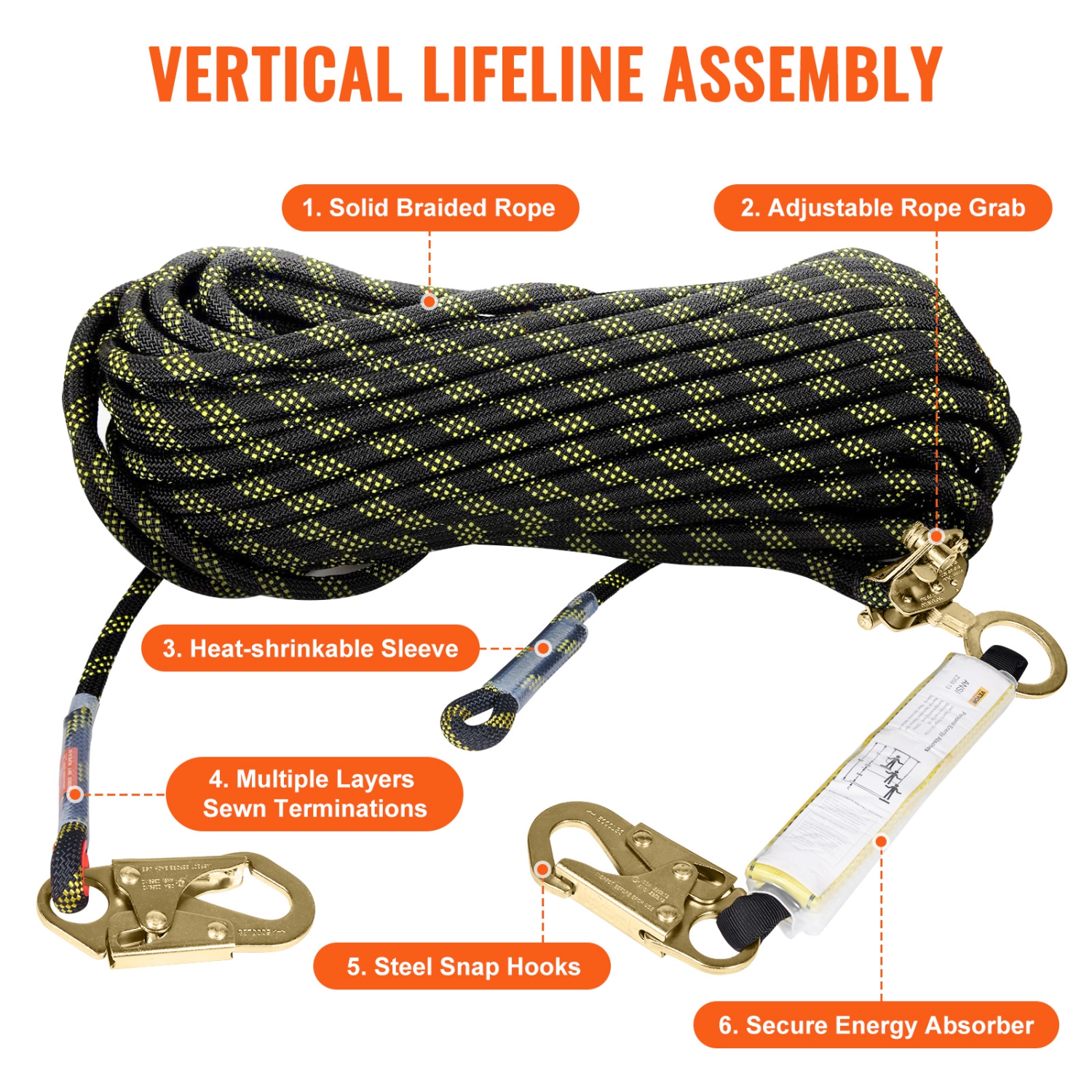 VEVOR 150ft Vertical Lifeline, Outdoor Climbing Rope 30KN Breaking Tension, Static Rock Climbing Rope with Steel Snap Hooks and Rope Grap, for