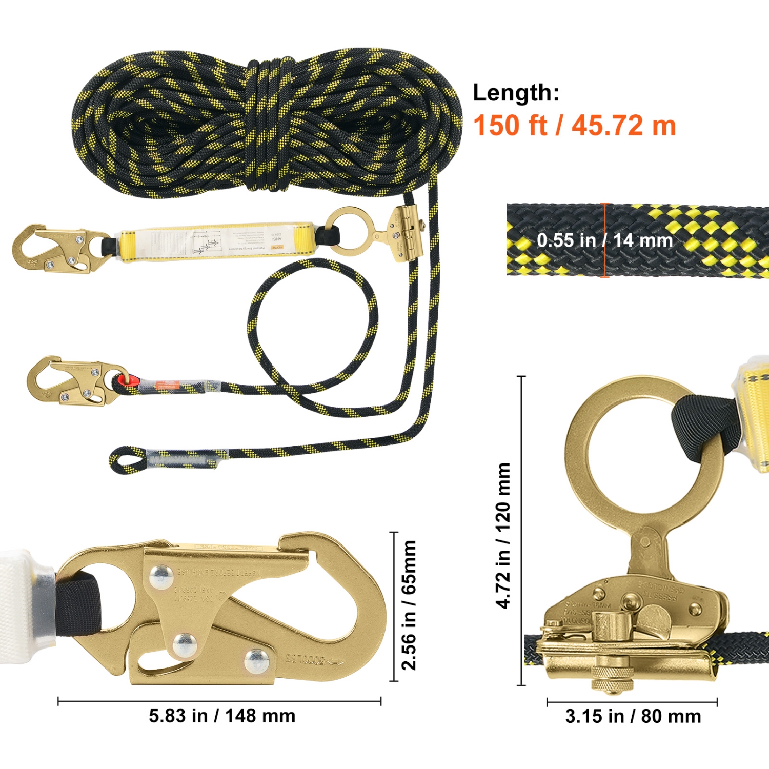 VEVOR 150ft Vertical Lifeline, Outdoor Climbing Rope 30KN Breaking Tension, Static Rock Climbing Rope with Steel Snap Hooks and Rope Grap, for