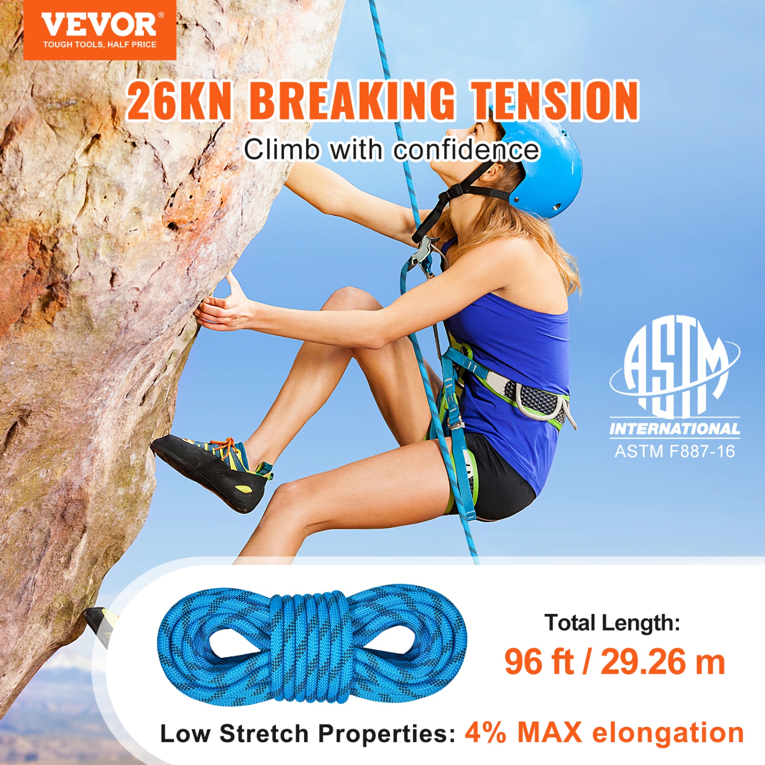 VEVOR 29.3M(96ft) 10.5 mm Static Climbing Rope, Outdoor Rock Climbing Rope 25KN Breaking Tension, Fiber Rope with Steel Snap Hooks for Escape,