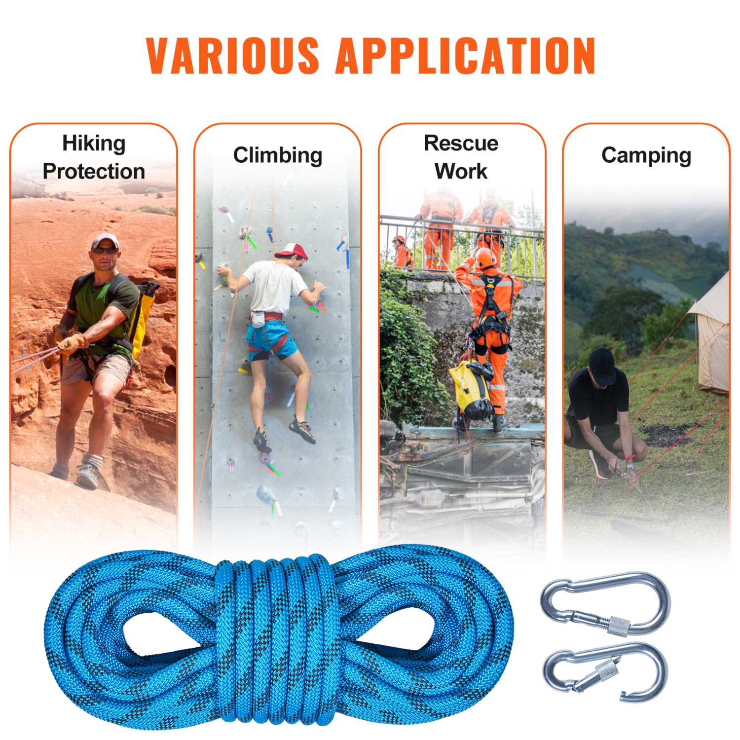 VEVOR 29.3M(96ft) 10.5 mm Static Climbing Rope, Outdoor Rock Climbing Rope 25KN Breaking Tension, Fiber Rope with Steel Snap Hooks for Escape,